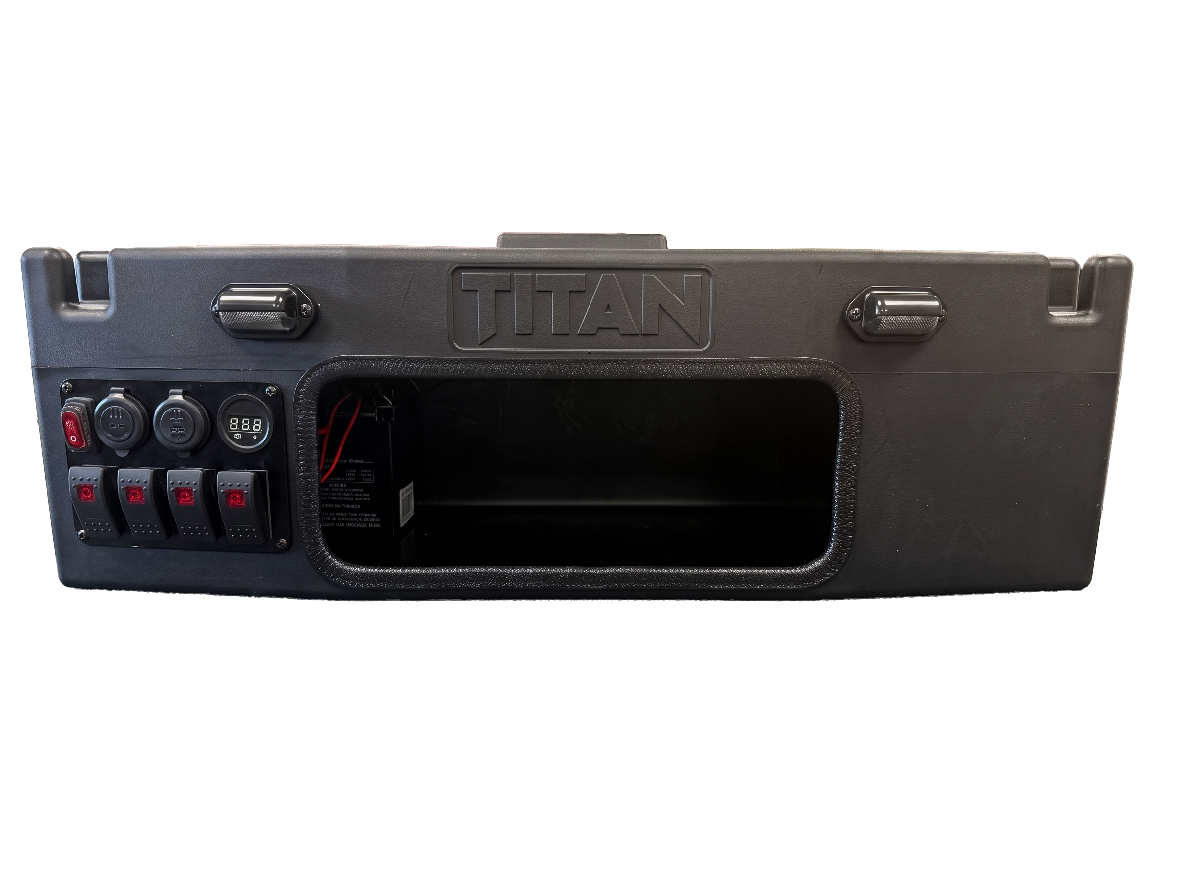 A rugged black tactical hard case with a built-in control panel featuring rocker switches, power outlets, and a large front cutout, shown on a plain white background.