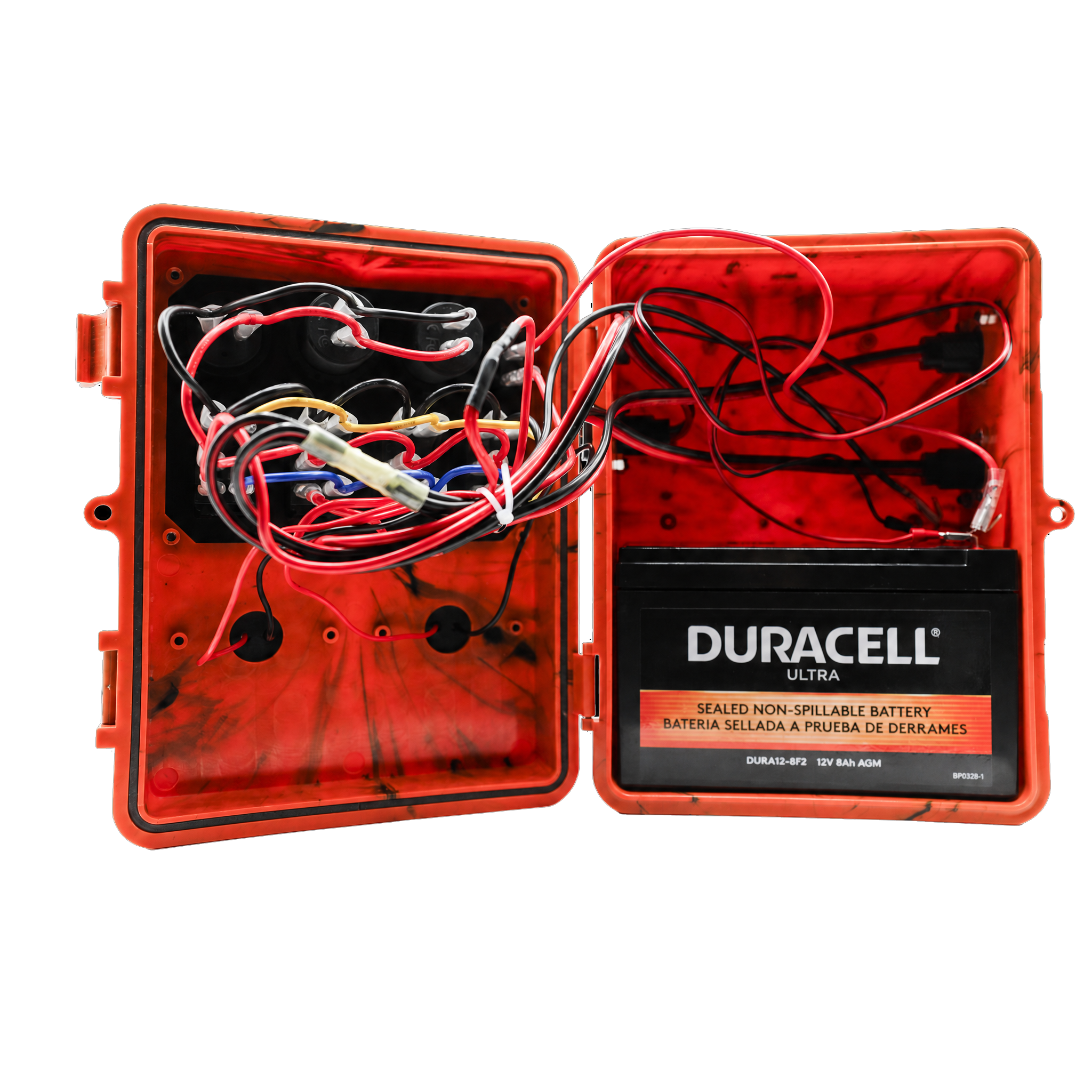 An orange waterproof hard case opened to show a red interior with a Duracell Ultra sealed non-spillable battery mounted on the right side and multiple red, black, white, and yellow wires connected on the left.