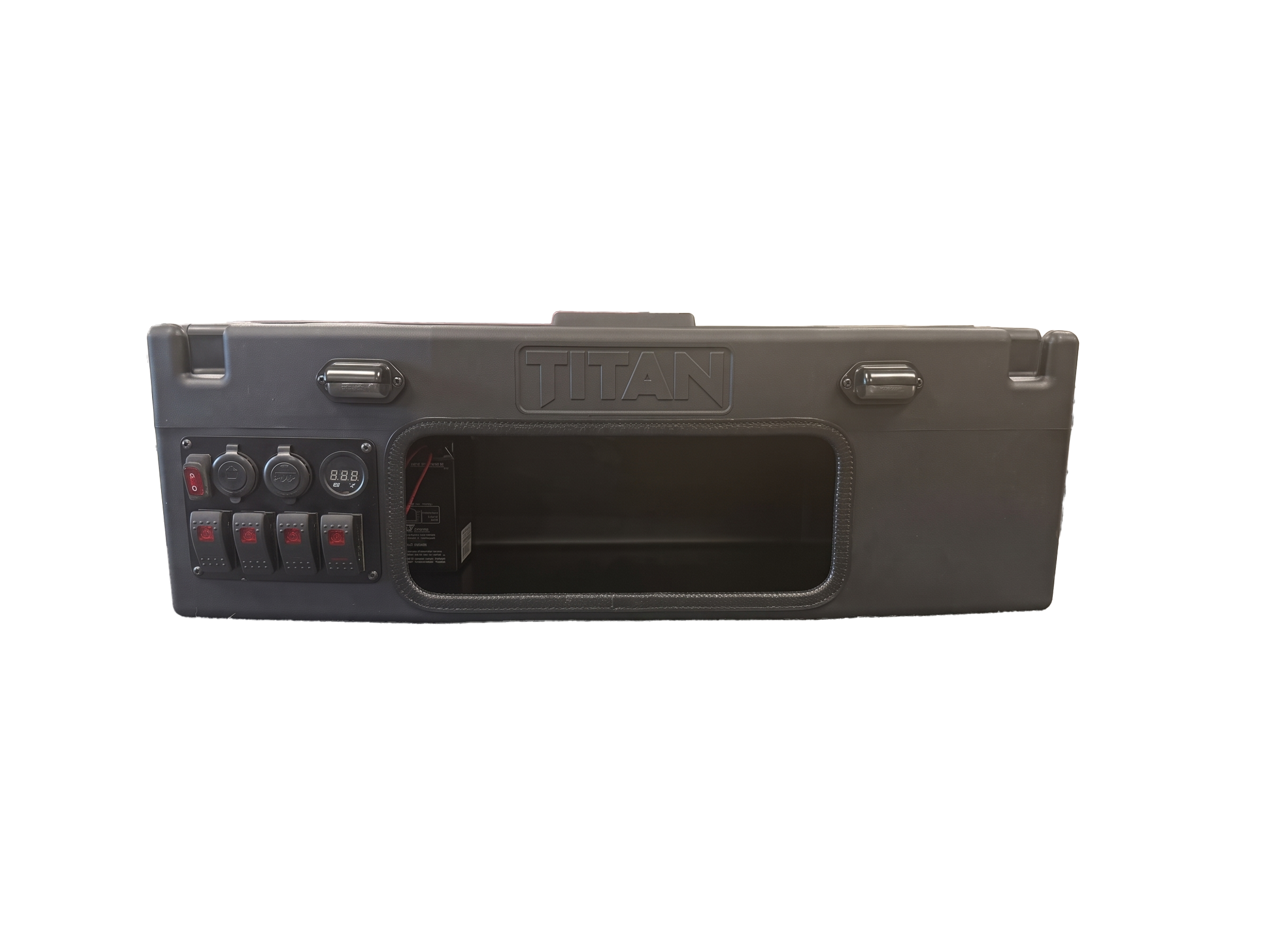 A rugged black tactical hard case with a built-in control panel featuring rocker switches, power outlets, and a large front cutout, shown on a plain white background.