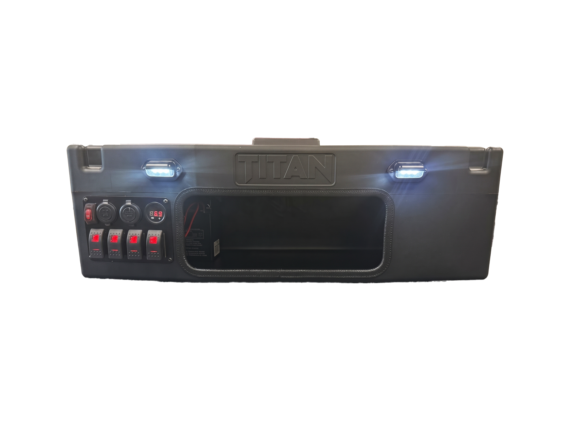 A rugged black tactical hard case with a built-in control panel featuring rocker switches, power outlets, and a large front cutout, shown on a plain white background.
