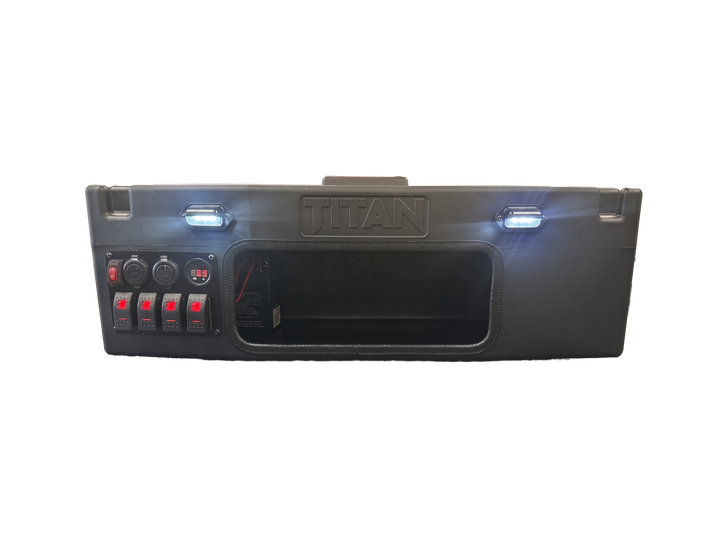 A rugged black tactical hard case with a built-in control panel featuring rocker switches, power outlets, and a large front cutout, shown on a plain white background.