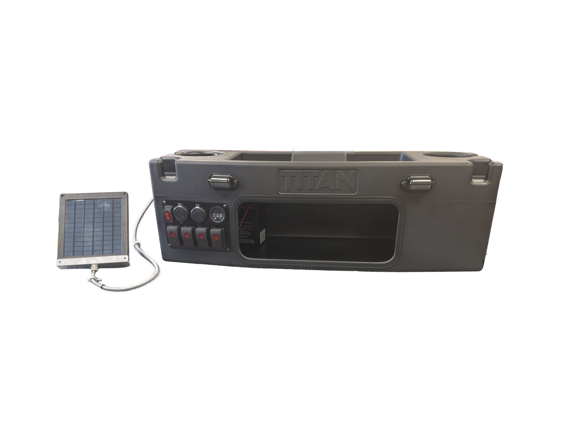A rugged black tactical hard case with a built-in control panel featuring rocker switches, power outlets, and a large front cutout, shown on a plain white background.