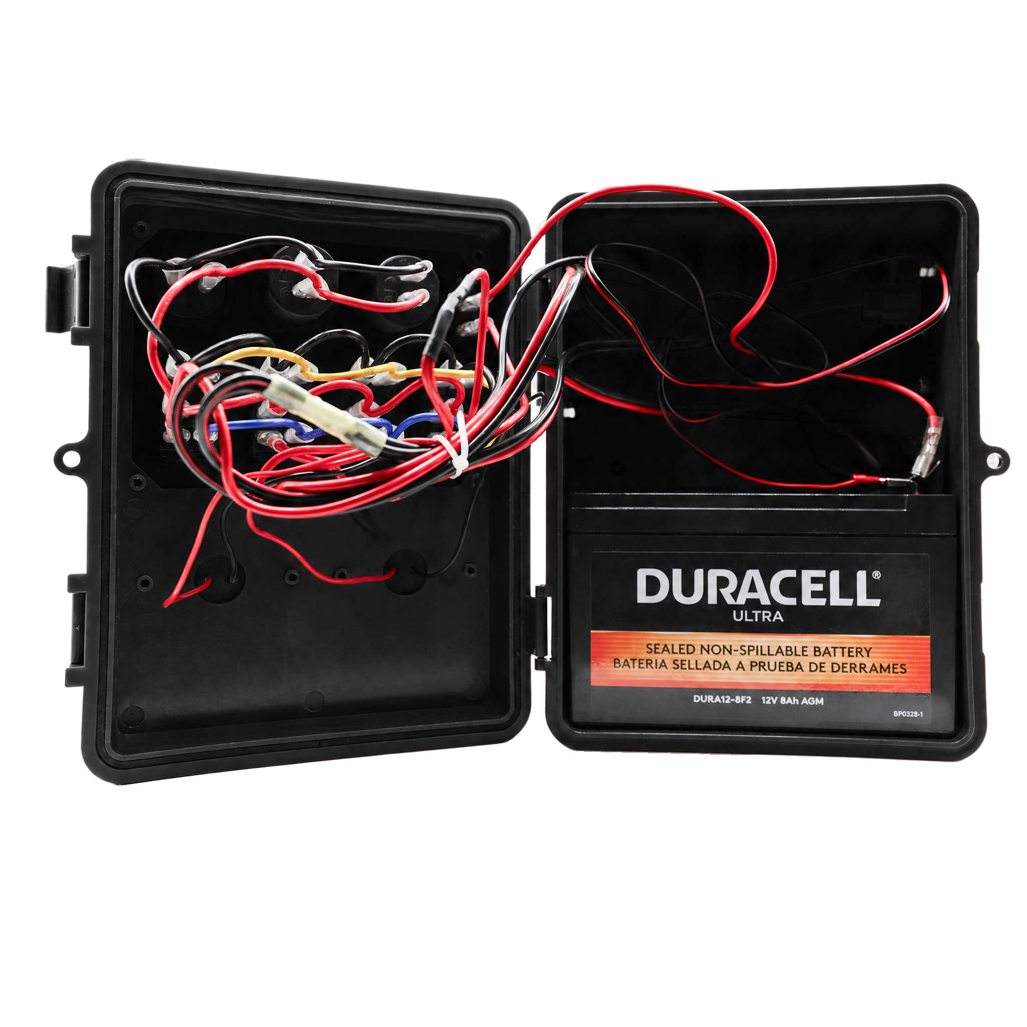 An open black plastic battery terminal cover showing internal wiring and a Duracell Ultra sealed non-spillable battery inside, photographed on a white background.