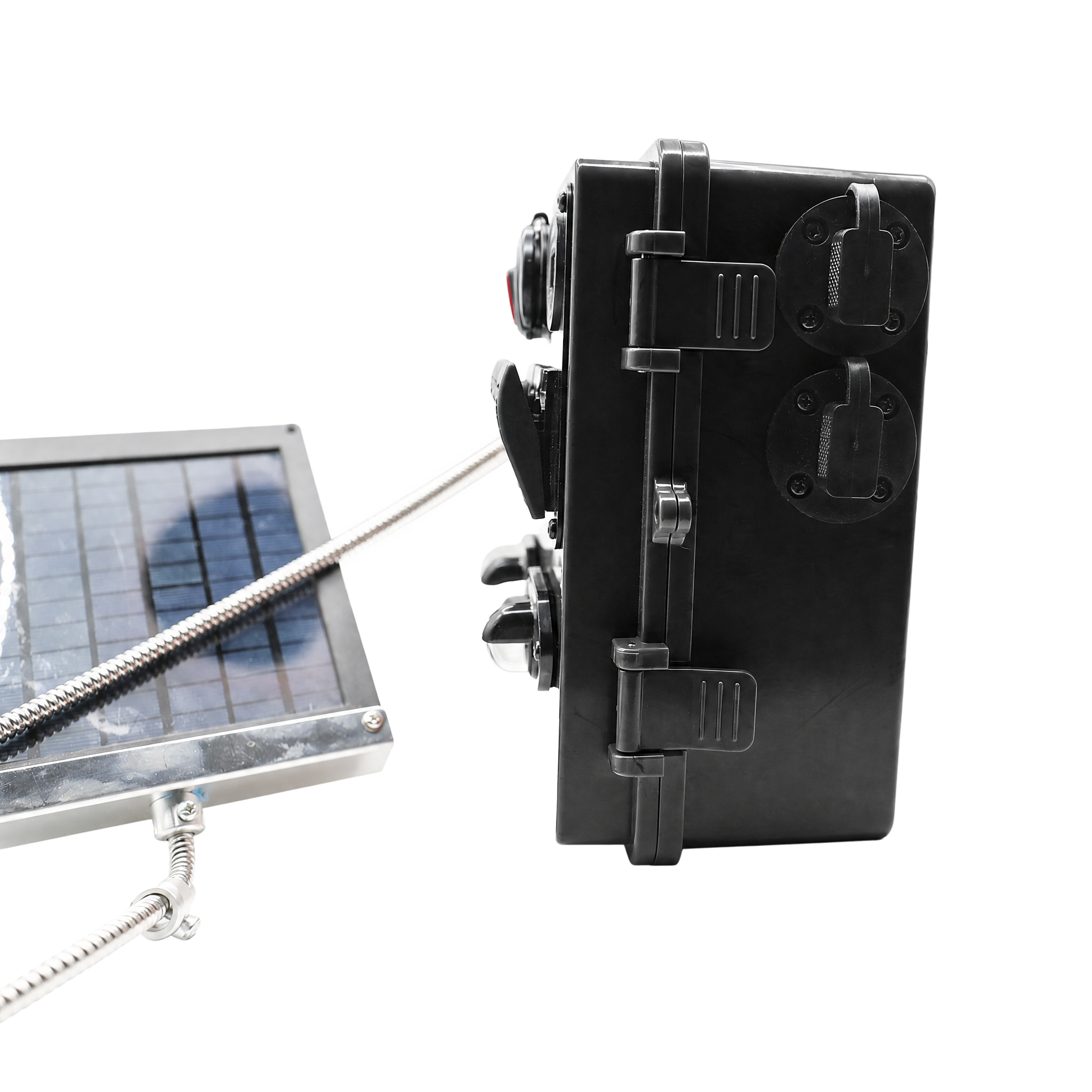 A black rectangular solar-powered device with multiple latches and ports, shown next to a small solar panel on a white background.