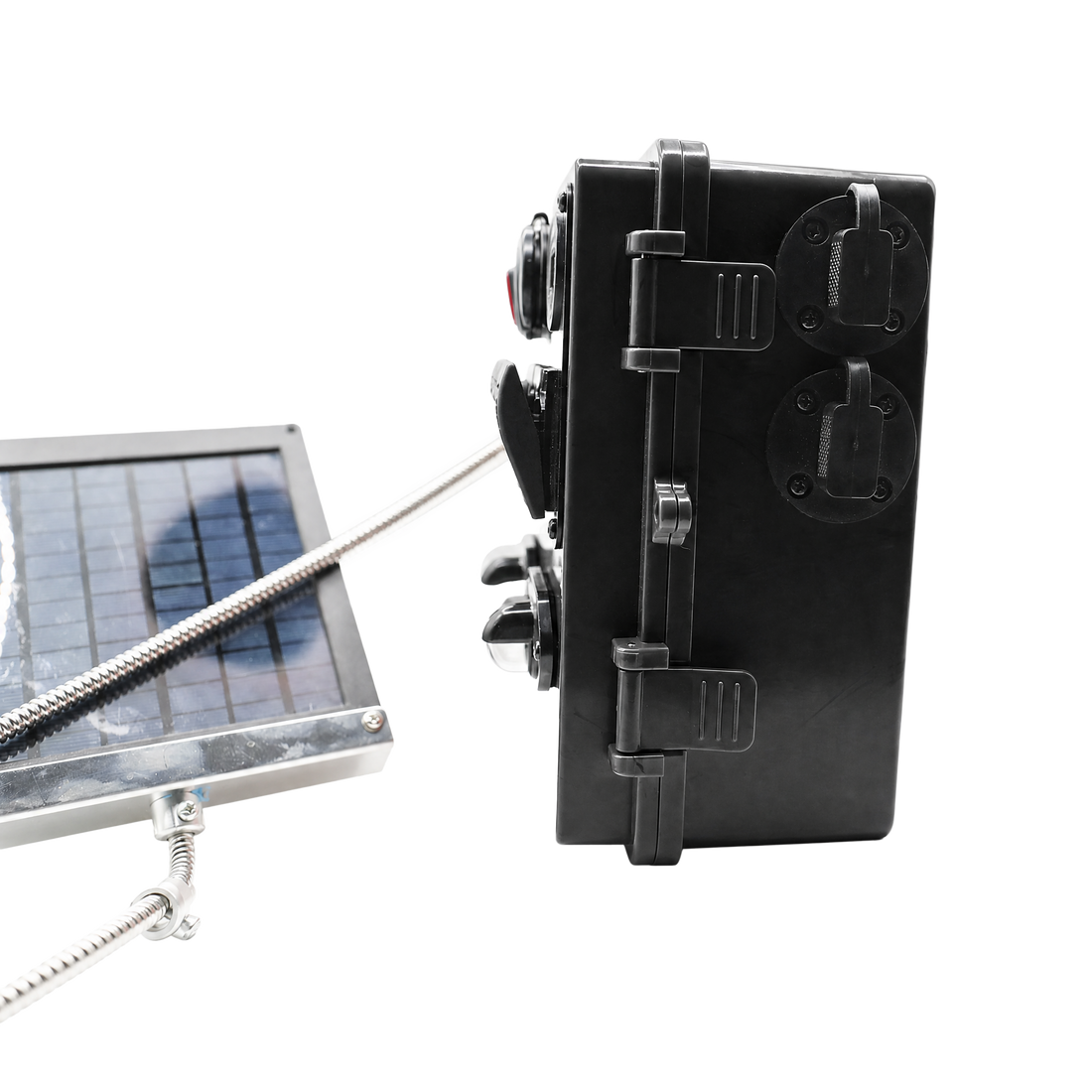 A black rectangular solar-powered device with multiple latches and ports, shown next to a small solar panel on a white background.