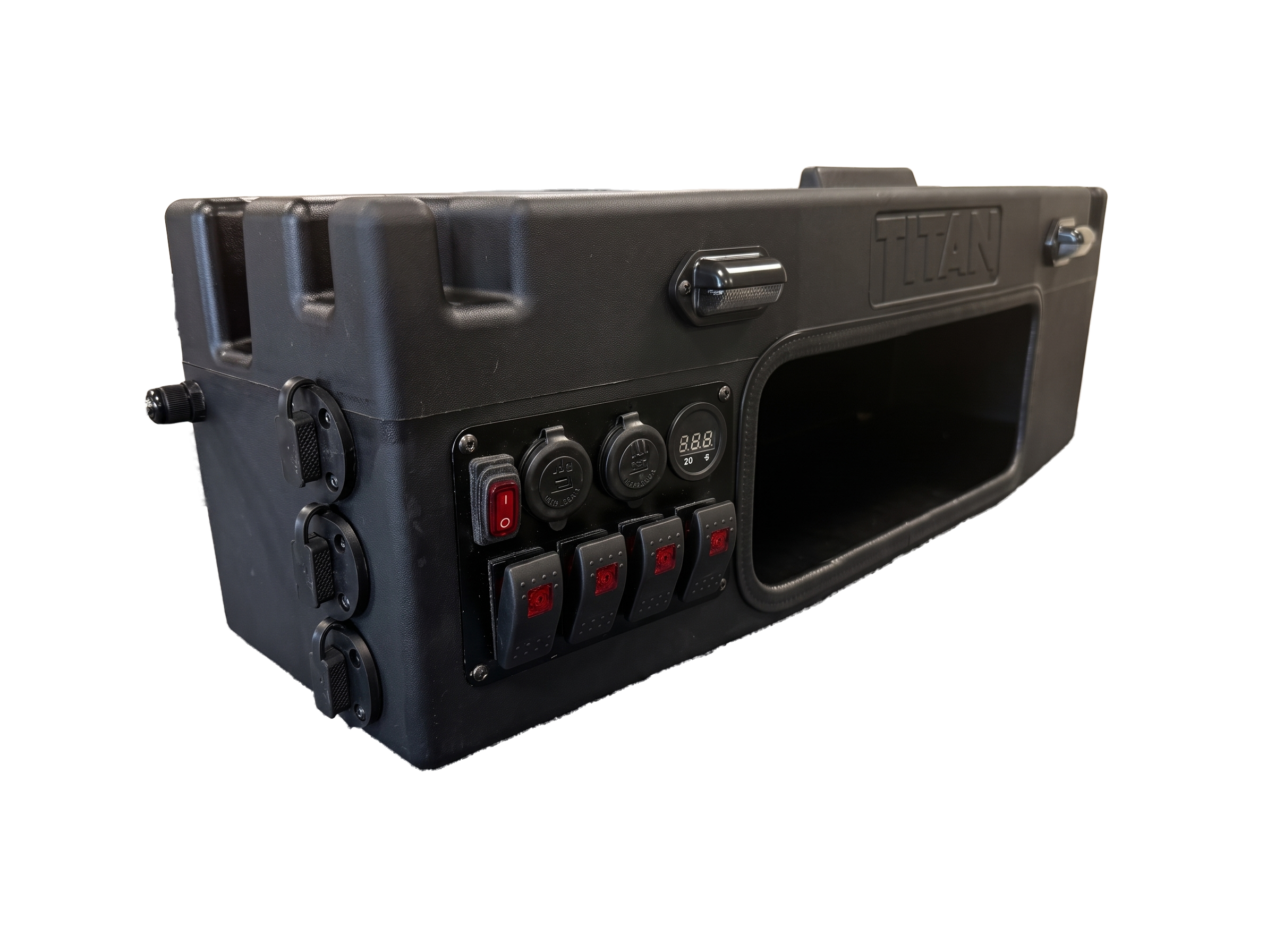 A rugged black tactical hard case with a built-in control panel featuring rocker switches, power outlets, and a large front cutout, shown on a plain white background.