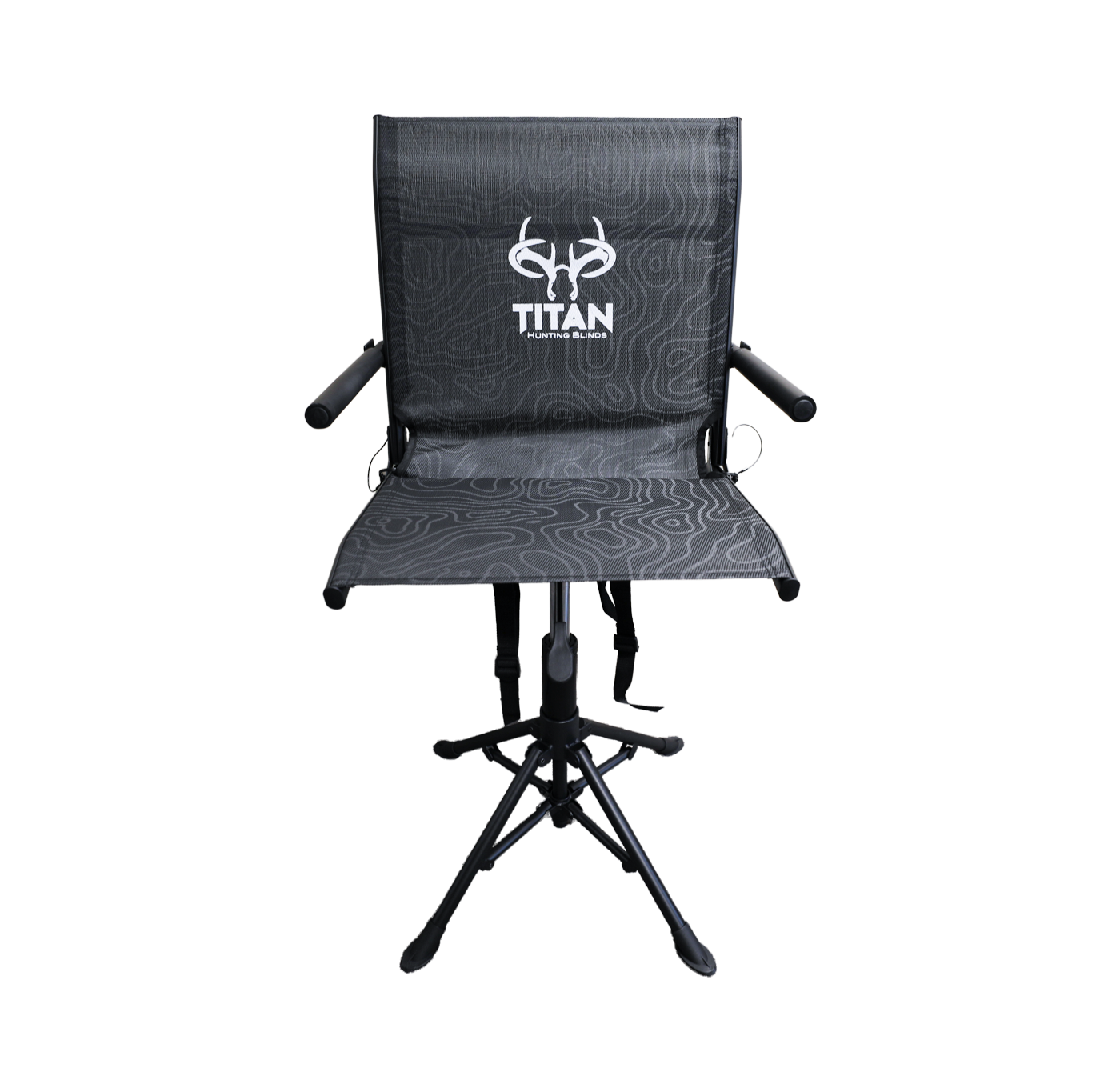 A black folding hunting chair with a textured seat and backrest, featuring a white 'TITAN' brand logo on the backrest, set against a plain white background.
