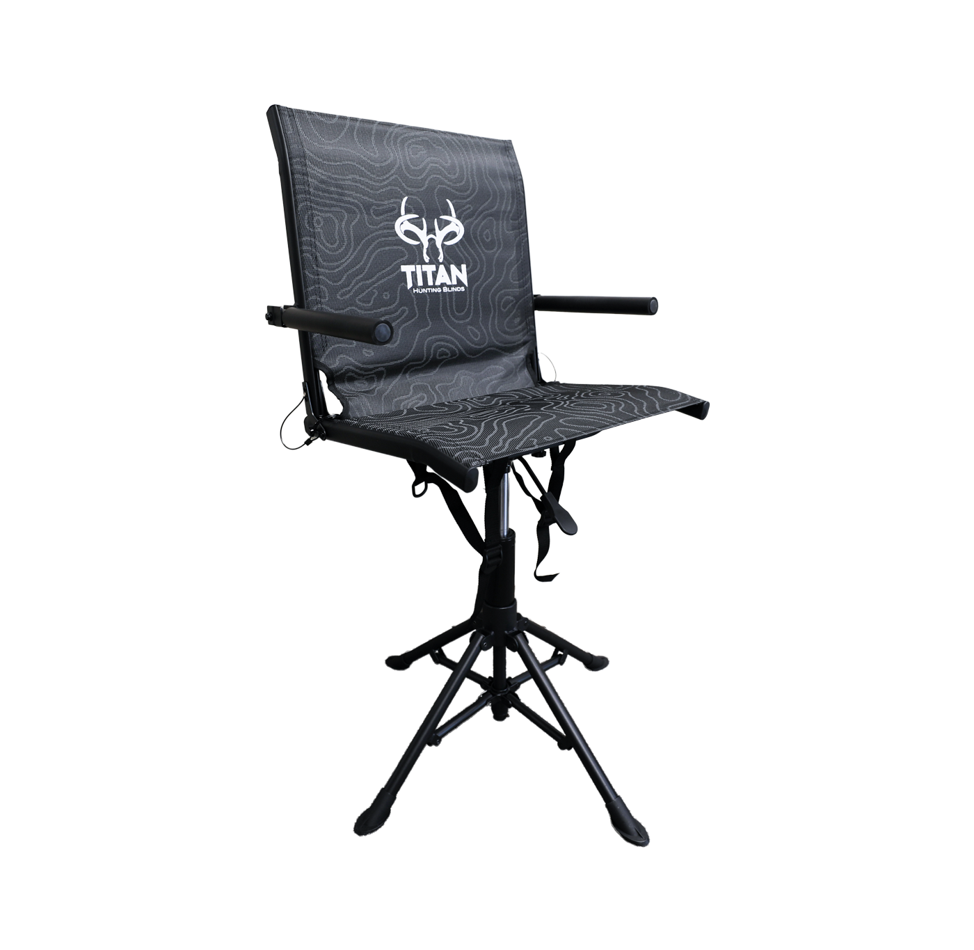 A black hunting chair with topographic white on pattern over the mesh on the chair, with small armrests and a swivel base holding the chair up.