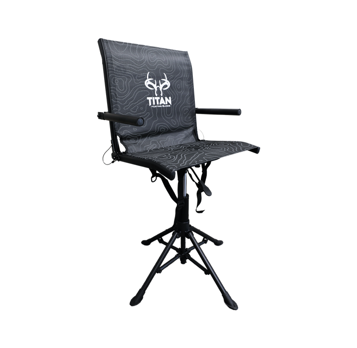 A black hunting chair with topographic white on pattern over the mesh on the chair, with small armrests and a swivel base holding the chair up.