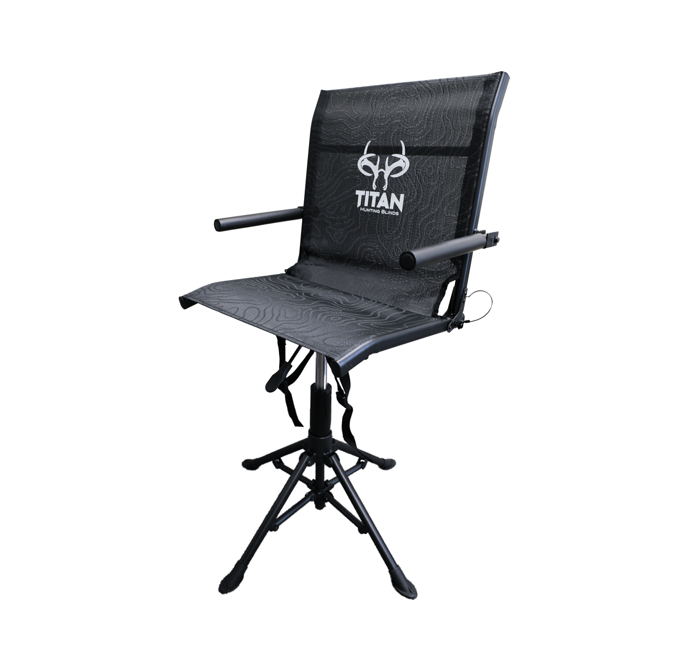 A black hunting chair with topographic white on pattern over the mesh on the chair, with small armrests and a swivel base holding the chair up.