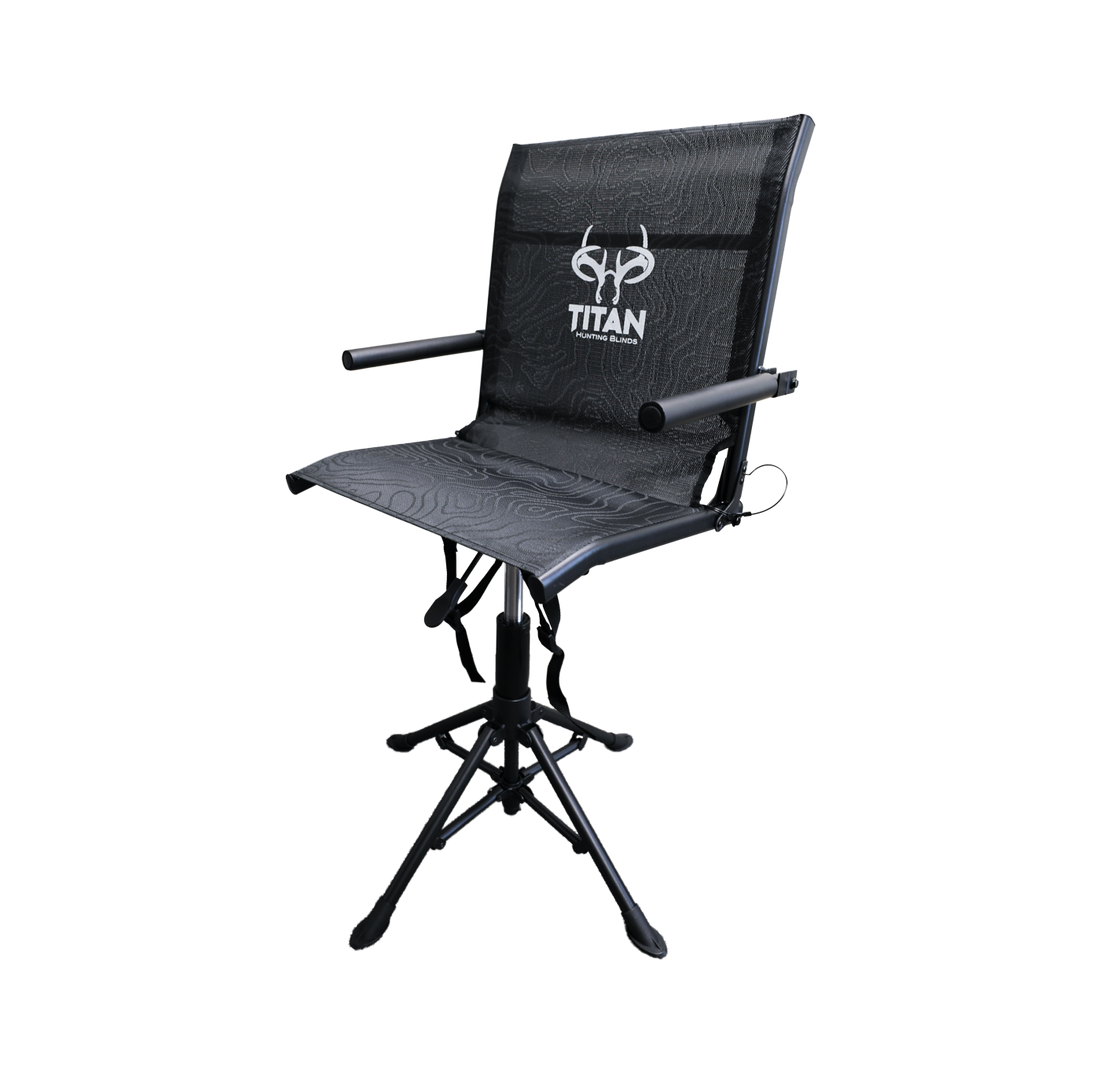 A black hunting chair with topographic white on pattern over the mesh on the chair, with small armrests and a swivel base holding the chair up.