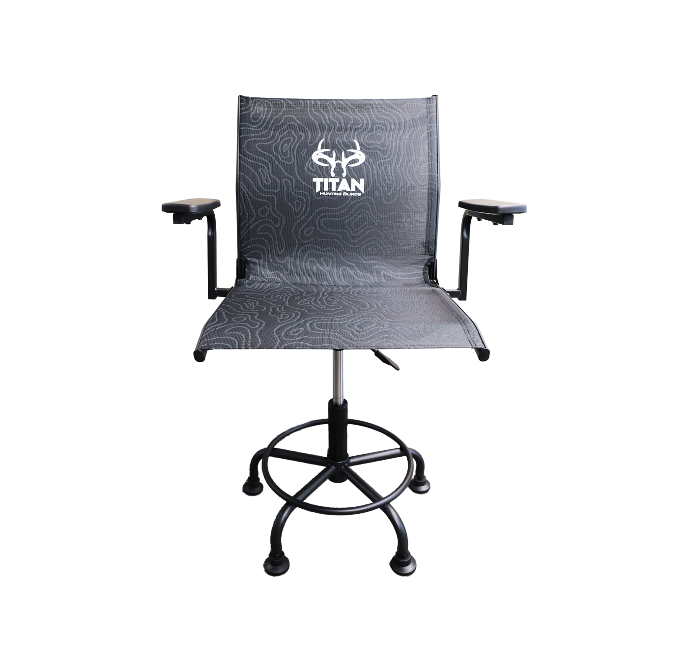 A modern hunting chair with a black and gray topographic pattern fabric, featuring a white 'TITAN' logo on the backrest. It has adjustable black armrests, a black gas-lift swivel base with a footrest ring, and black casters, shown against a plain white background.