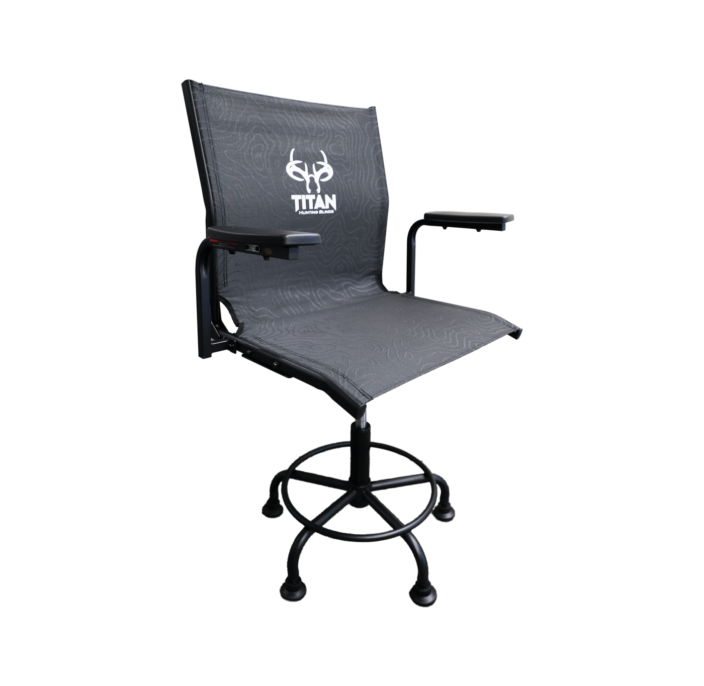 A modern hunting chair with a dark gray textured mesh seat and backrest, featuring a white 'TITAN' logo on the backrest. It has black armrests, a black swivel base, and castor wheels, shown against a plain white background.