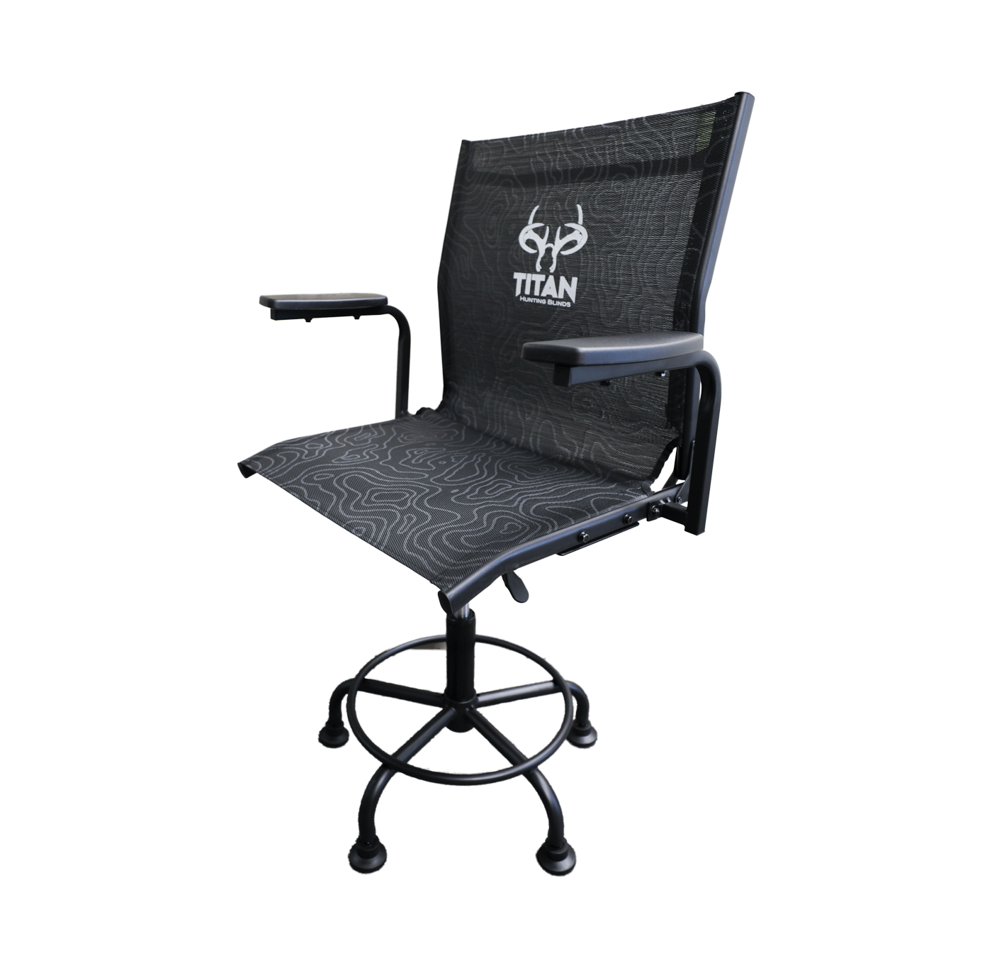 A black mesh hunting chair with a high backrest, adjustable armrests, and a five-star wheeled base. The backrest features a white printed logo that reads 'TITAN'.