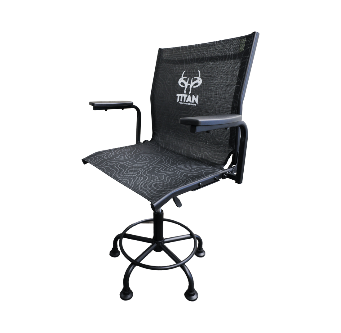 A black mesh hunting chair with a high backrest, adjustable armrests, and a five-star wheeled base. The backrest features a white printed logo that reads 'TITAN'.