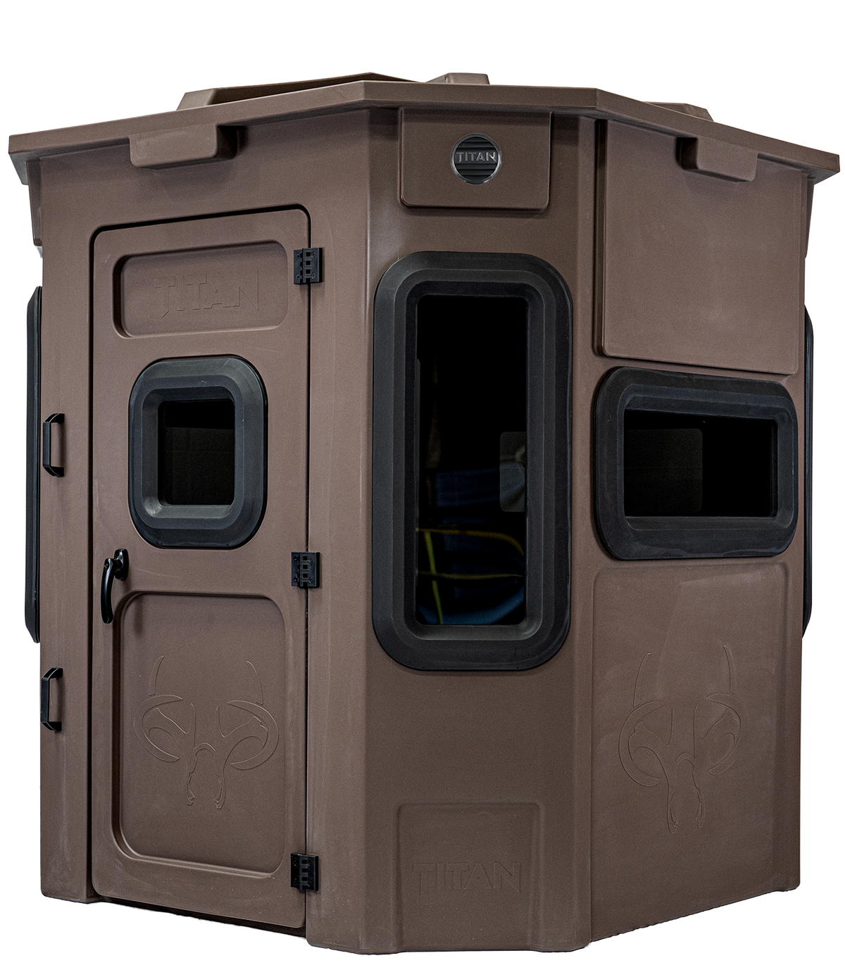 Three quarter angle of a titan hunting pro-combo blind with the door visible.