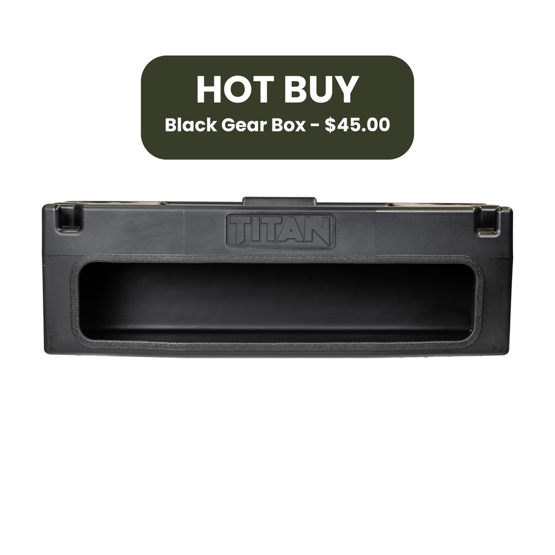 A black plastic TITAN gear box cover shown from the front on a white background, with a dark green 'HOT BUY Black Gear Box - $45.00' badge above it.