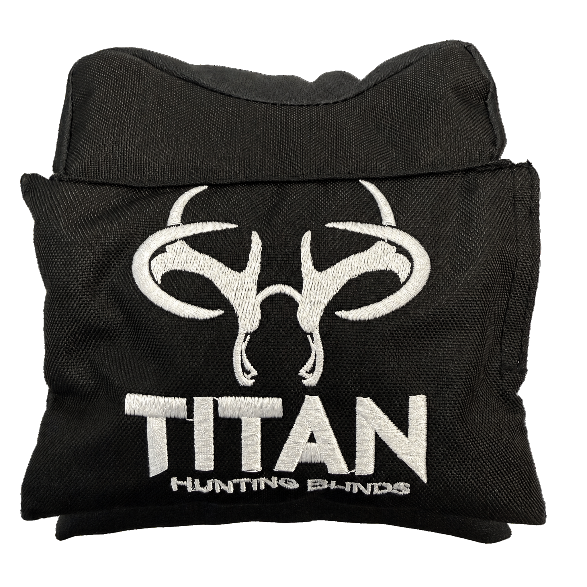 A folded black window shooting rest for a hunting blind with a white embroidered buck skull logo and the text 'TITAN HUNTING BLINDS' on the front, isolated on a white background.