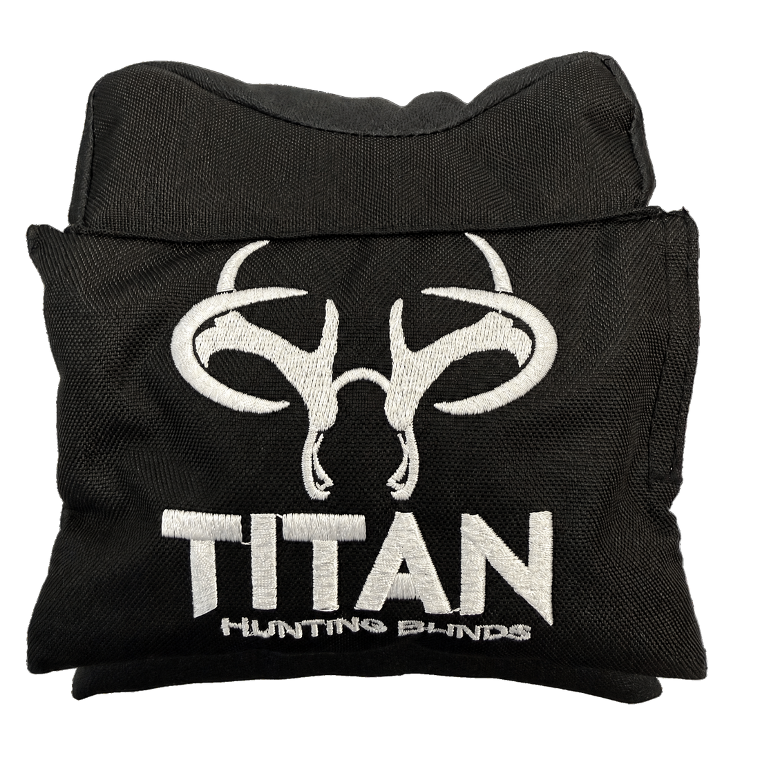 A folded black window shooting rest for a hunting blind with a white embroidered buck skull logo and the text 'TITAN HUNTING BLINDS' on the front, isolated on a white background.