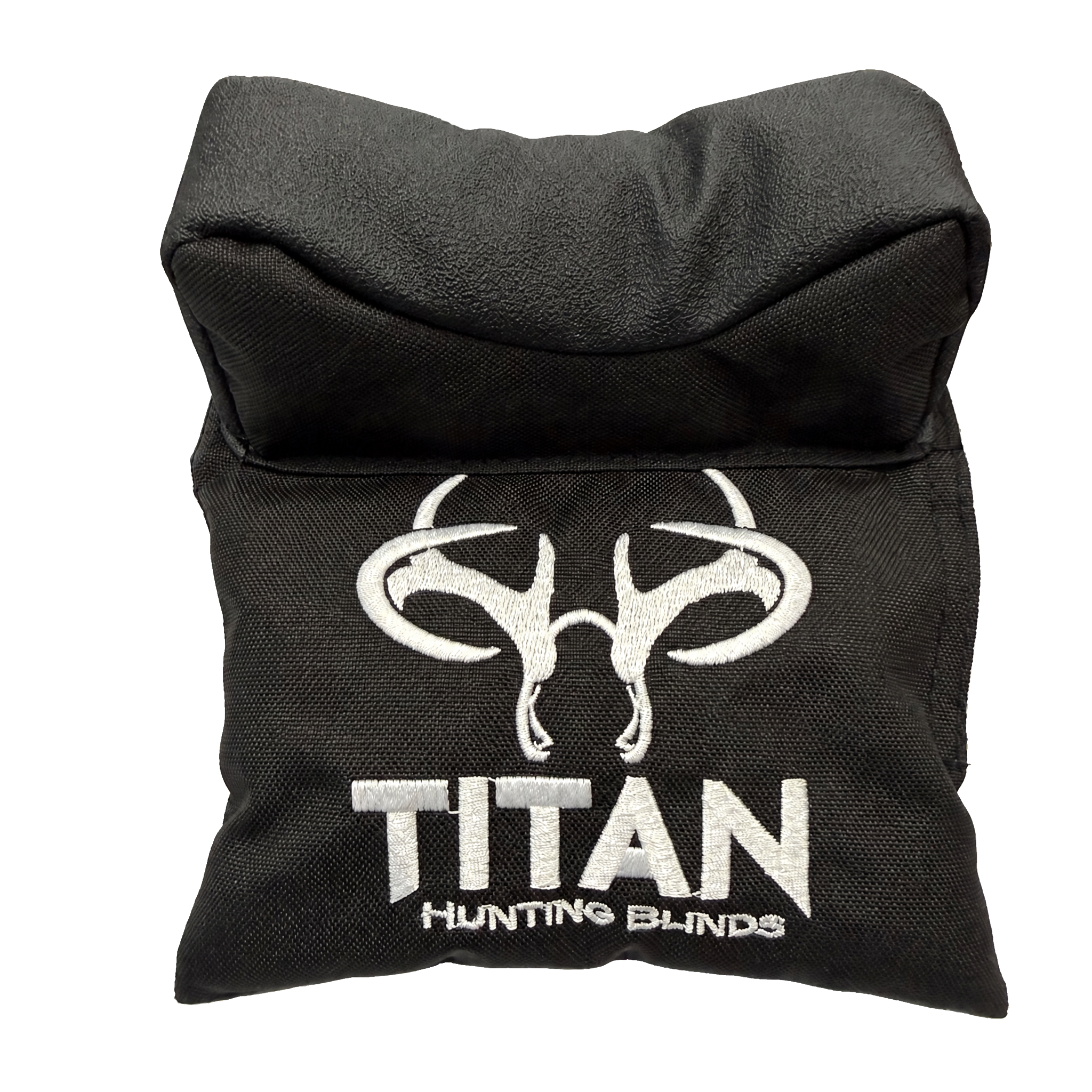 A folded black window shooting rest for a hunting blind with a white embroidered buck skull logo and the text 'TITAN HUNTING BLINDS' on the front, isolated on a white background.