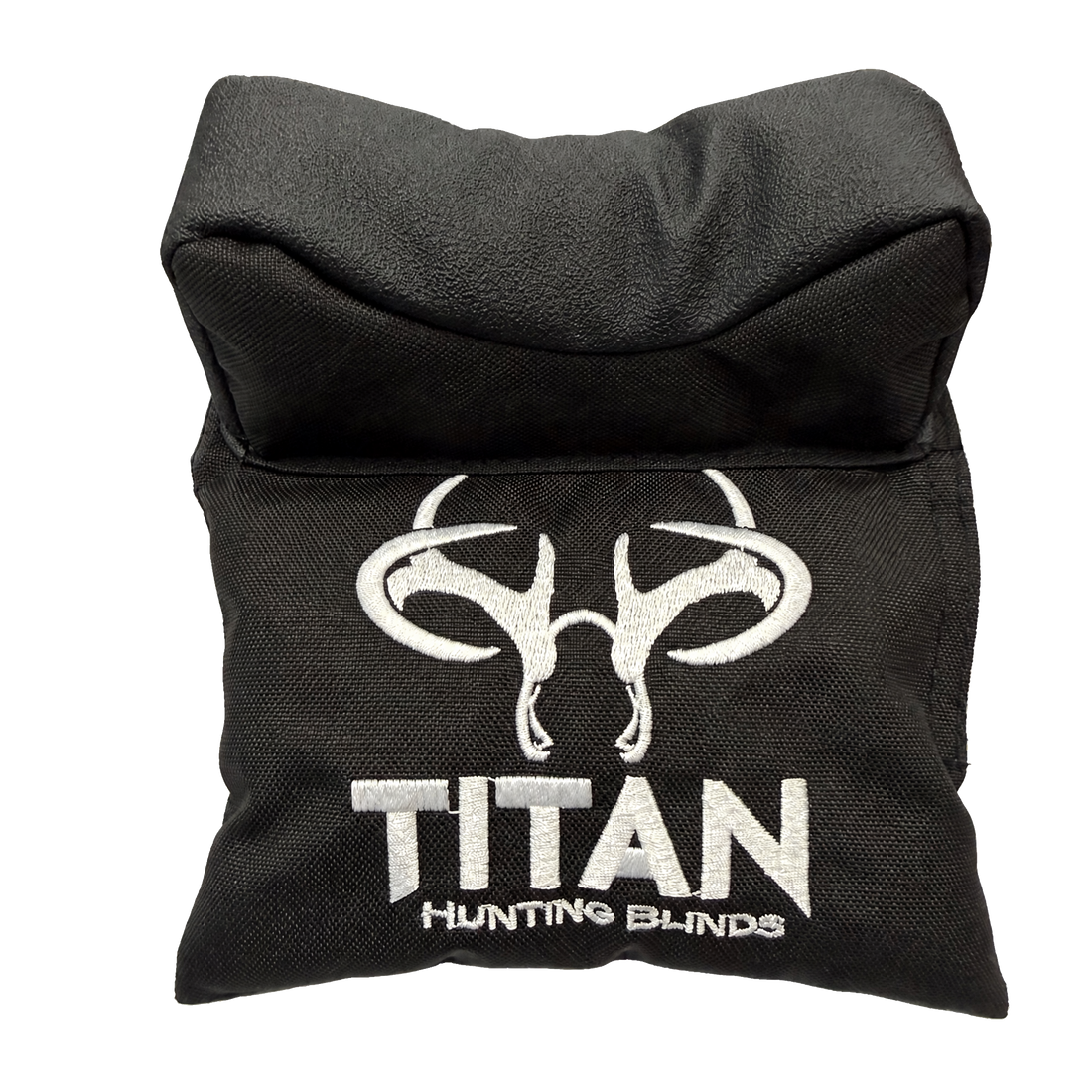 A folded black window shooting rest for a hunting blind with a white embroidered buck skull logo and the text 'TITAN HUNTING BLINDS' on the front, isolated on a white background.