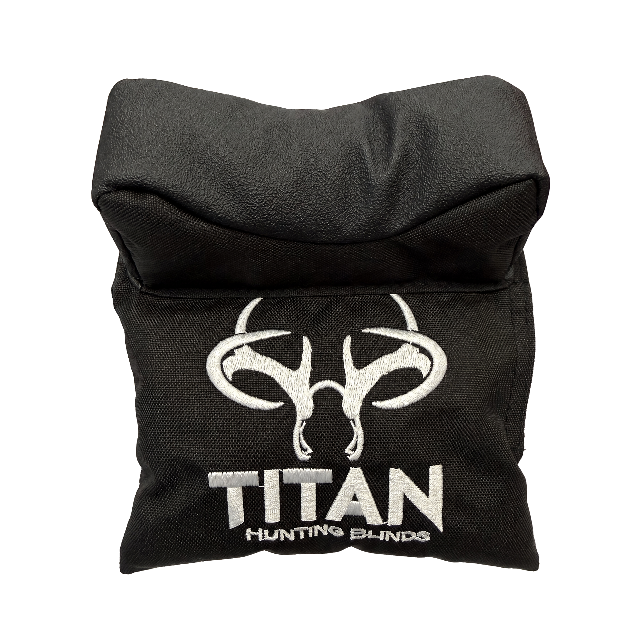 A folded black window shooting rest for a hunting blind with a white embroidered buck skull logo and the text 'TITAN HUNTING BLINDS' on the front, isolated on a white background.