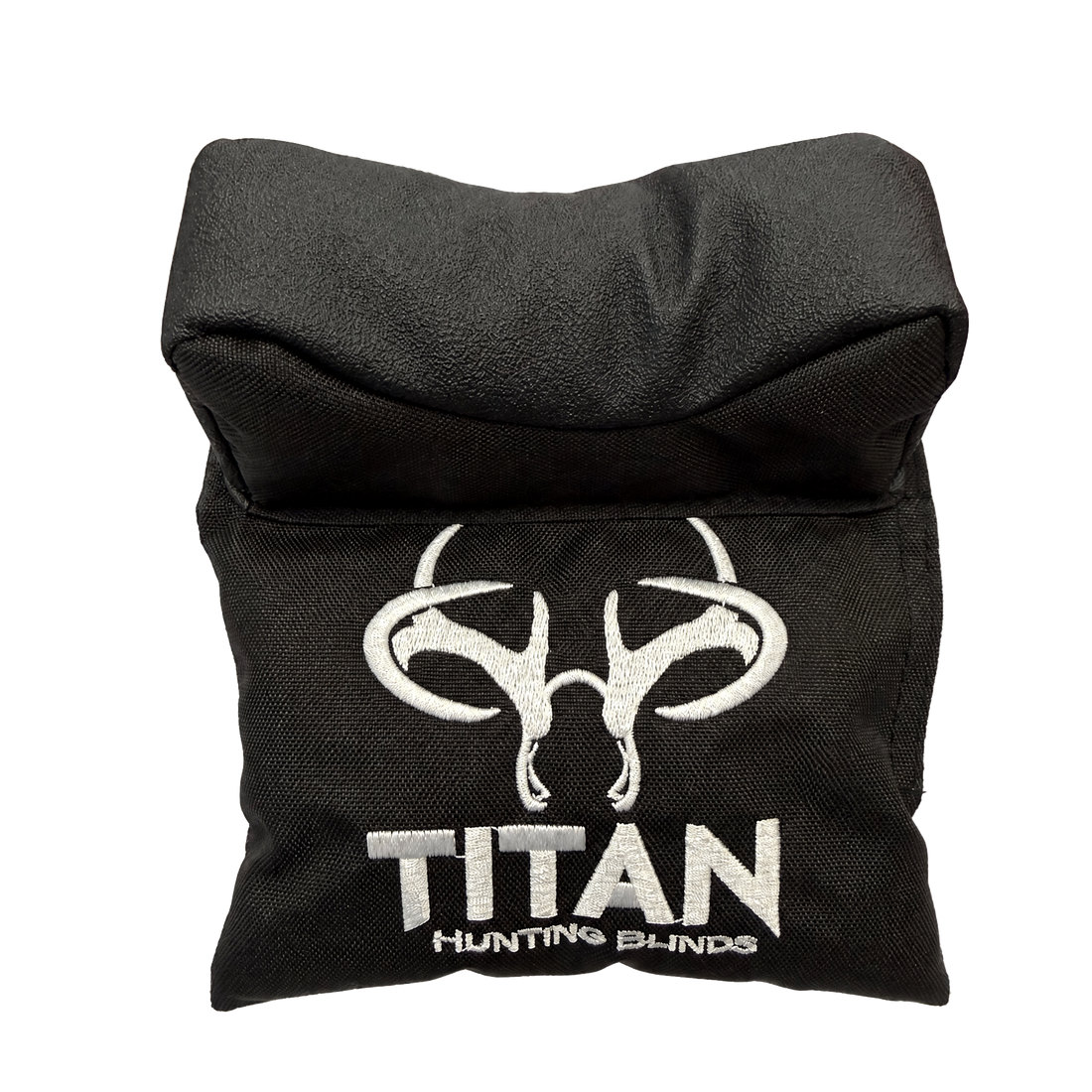 A folded black window shooting rest for a hunting blind with a white embroidered buck skull logo and the text 'TITAN HUNTING BLINDS' on the front, isolated on a white background.