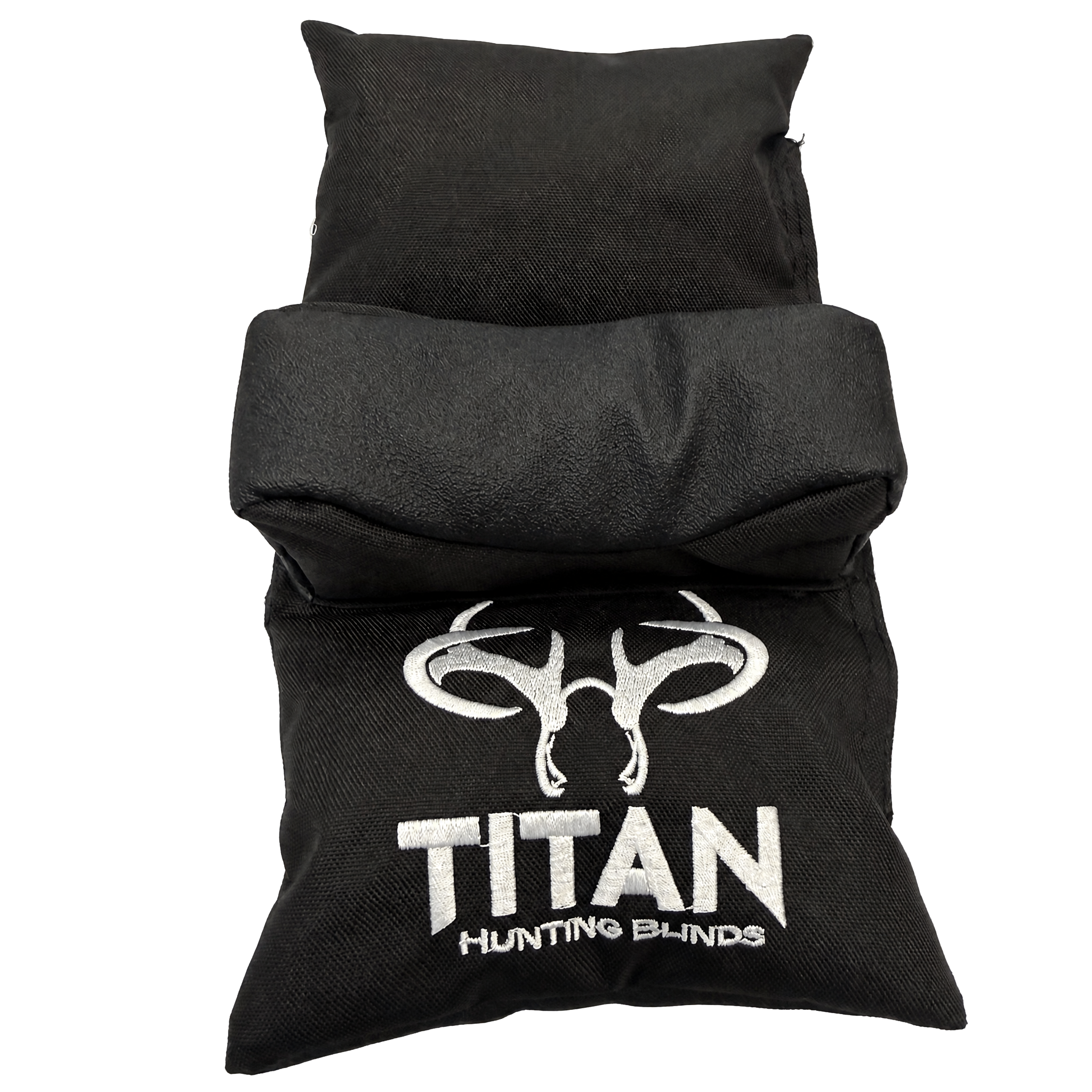 A folded black window shooting rest for a hunting blind with a white embroidered buck skull logo and the text 'TITAN HUNTING BLINDS' on the front, isolated on a white background.