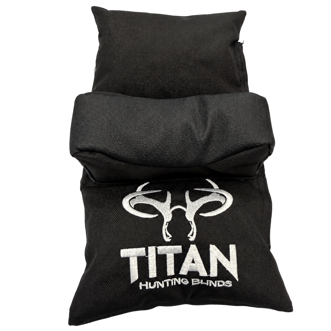 A folded black window shooting rest for a hunting blind with a white embroidered buck skull logo and the text 'TITAN HUNTING BLINDS' on the front, isolated on a white background.