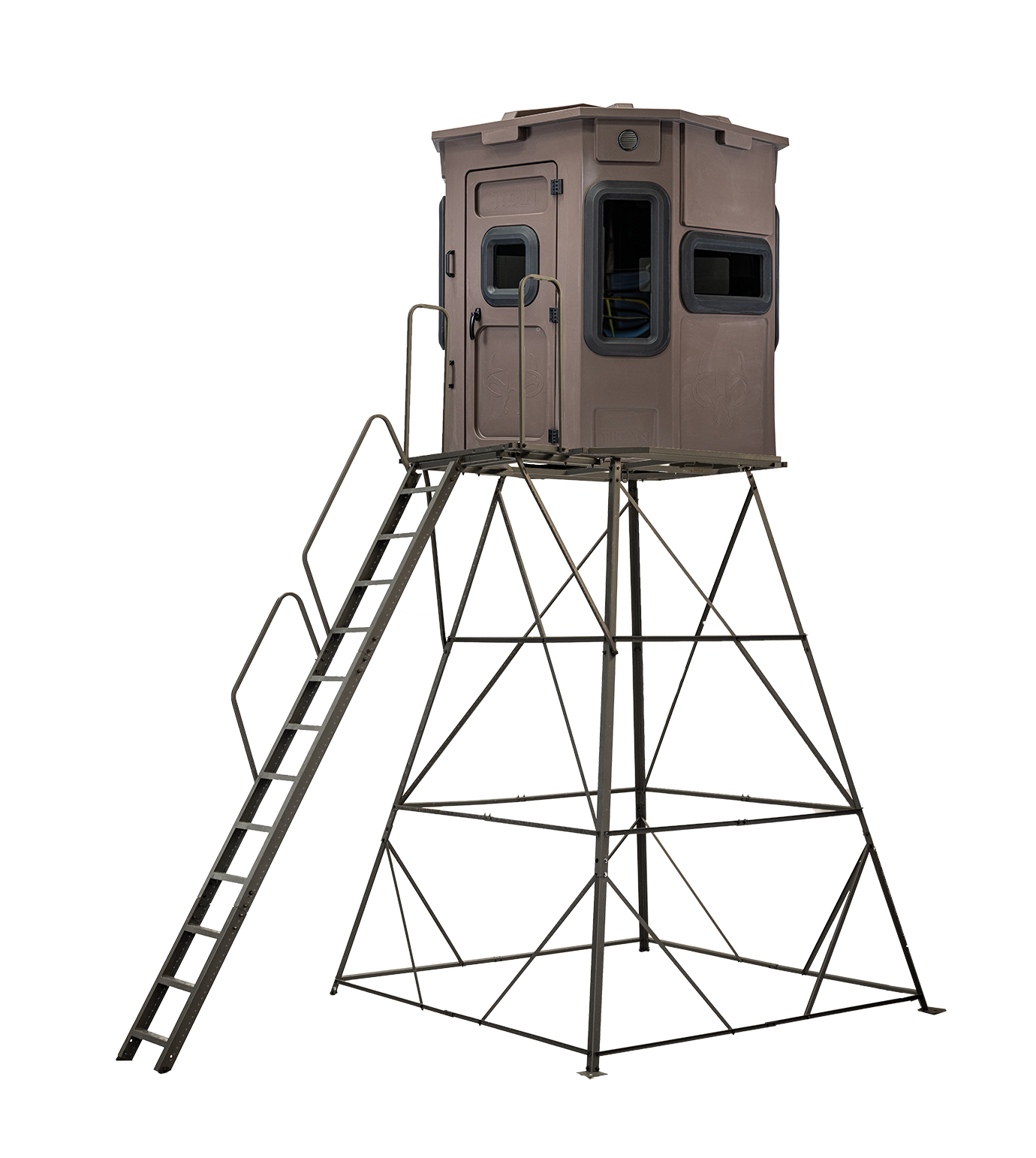 Titan Pro Archery & Rifle Combo Blind in tree-trunk brown, mounted on a 12ft tower with ladder