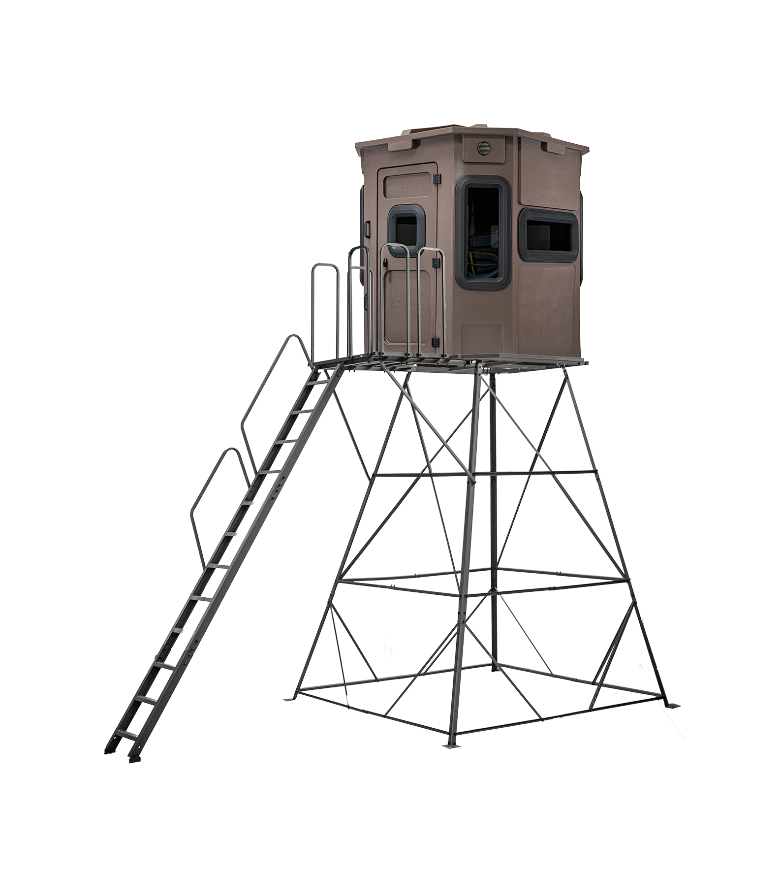 Titan Pro Archery & Rifle Combo Blind in tree-trunk brown, mounted on a 12ft tower with ladder and extension