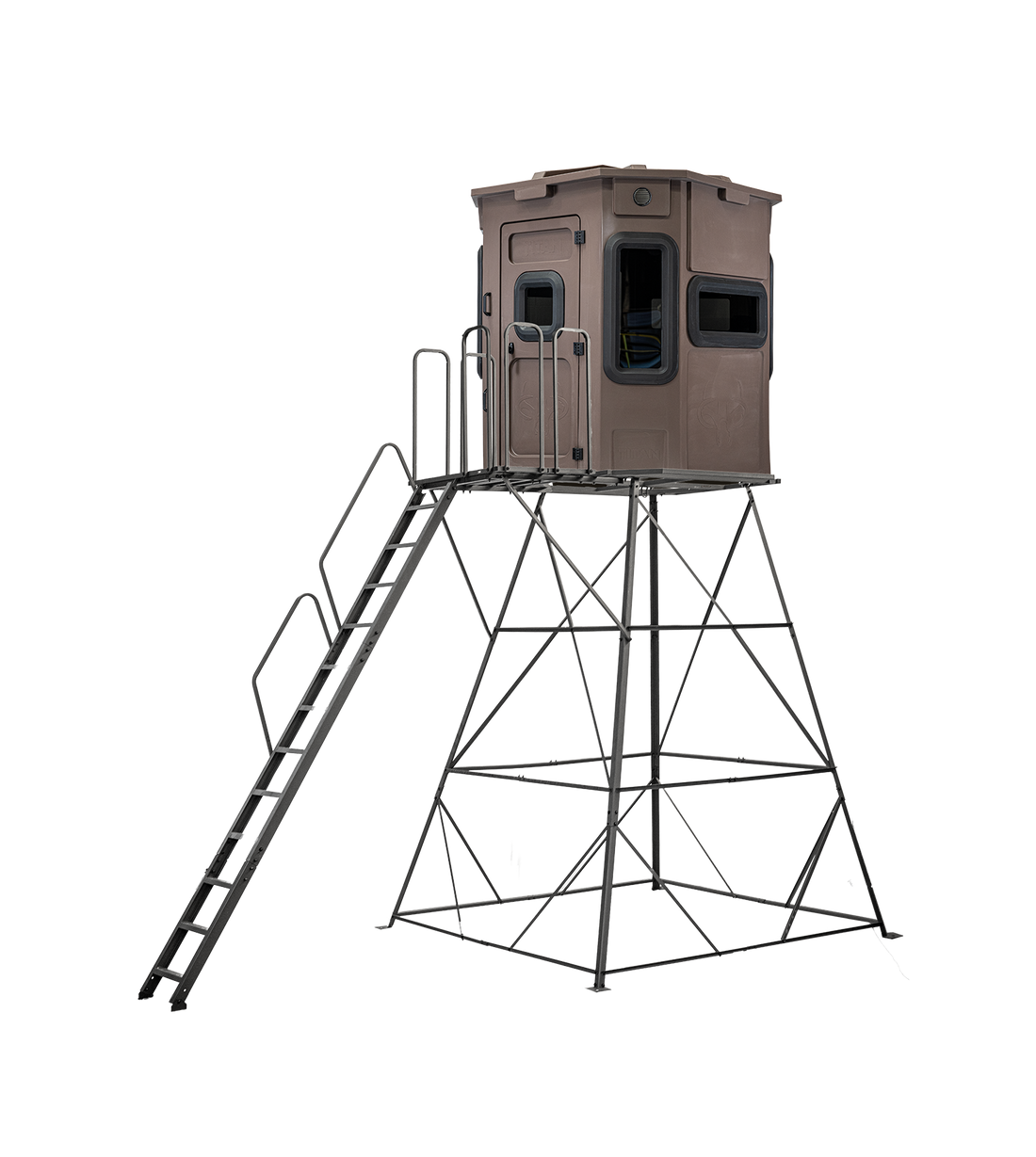Titan Pro Archery & Rifle Combo Blind in tree-trunk brown, mounted on a 12ft tower with ladder and extension