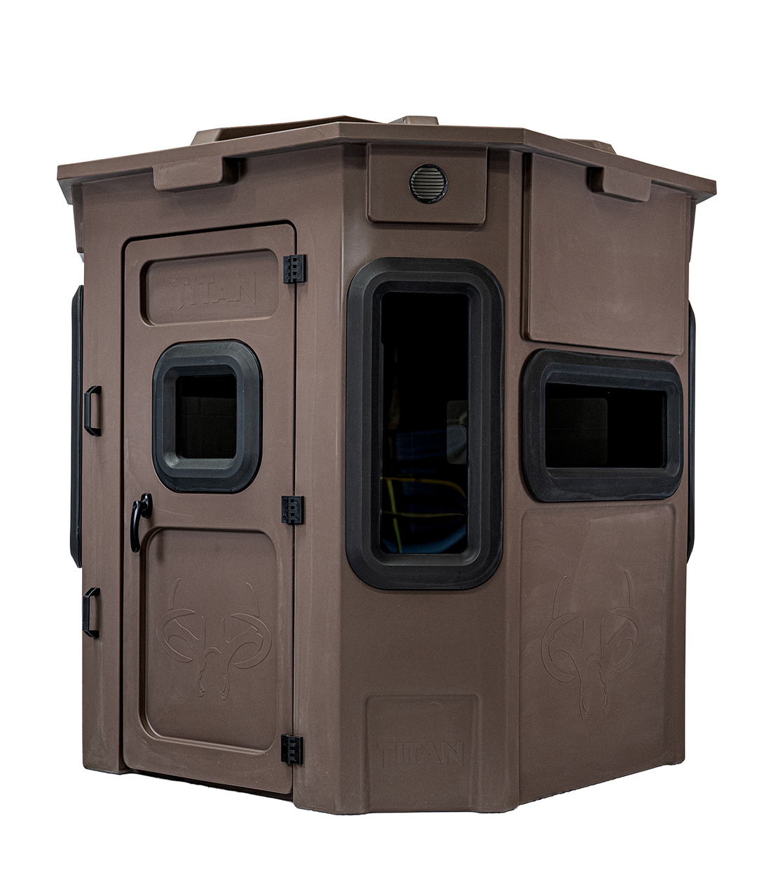 Titan Pro Archery & Rifle Combo Blind in tree-trunk brown, front view, ground level
