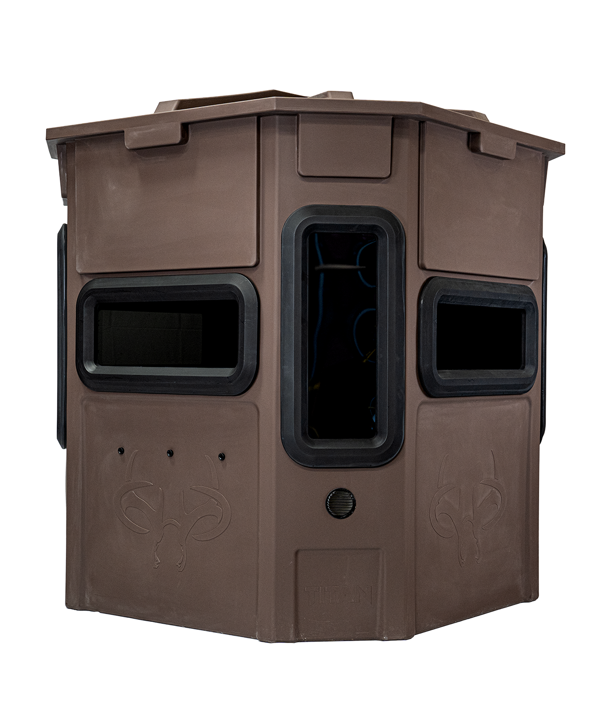 Titan Pro Archery & Rifle Combo Blind in tree-trunk brown, rear view, ground level