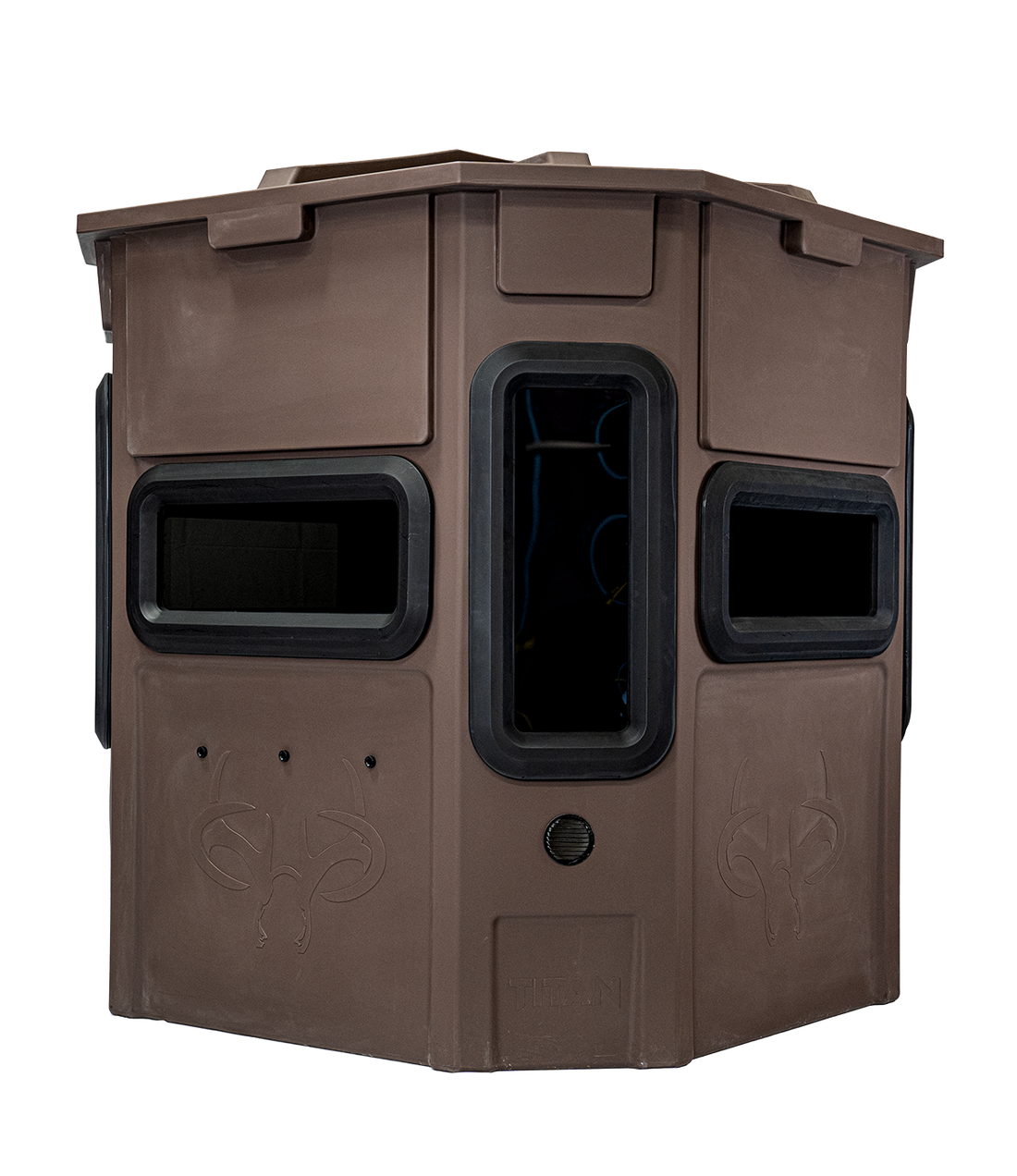 Titan Pro Archery & Rifle Combo Blind in tree-trunk brown, rear view, ground level