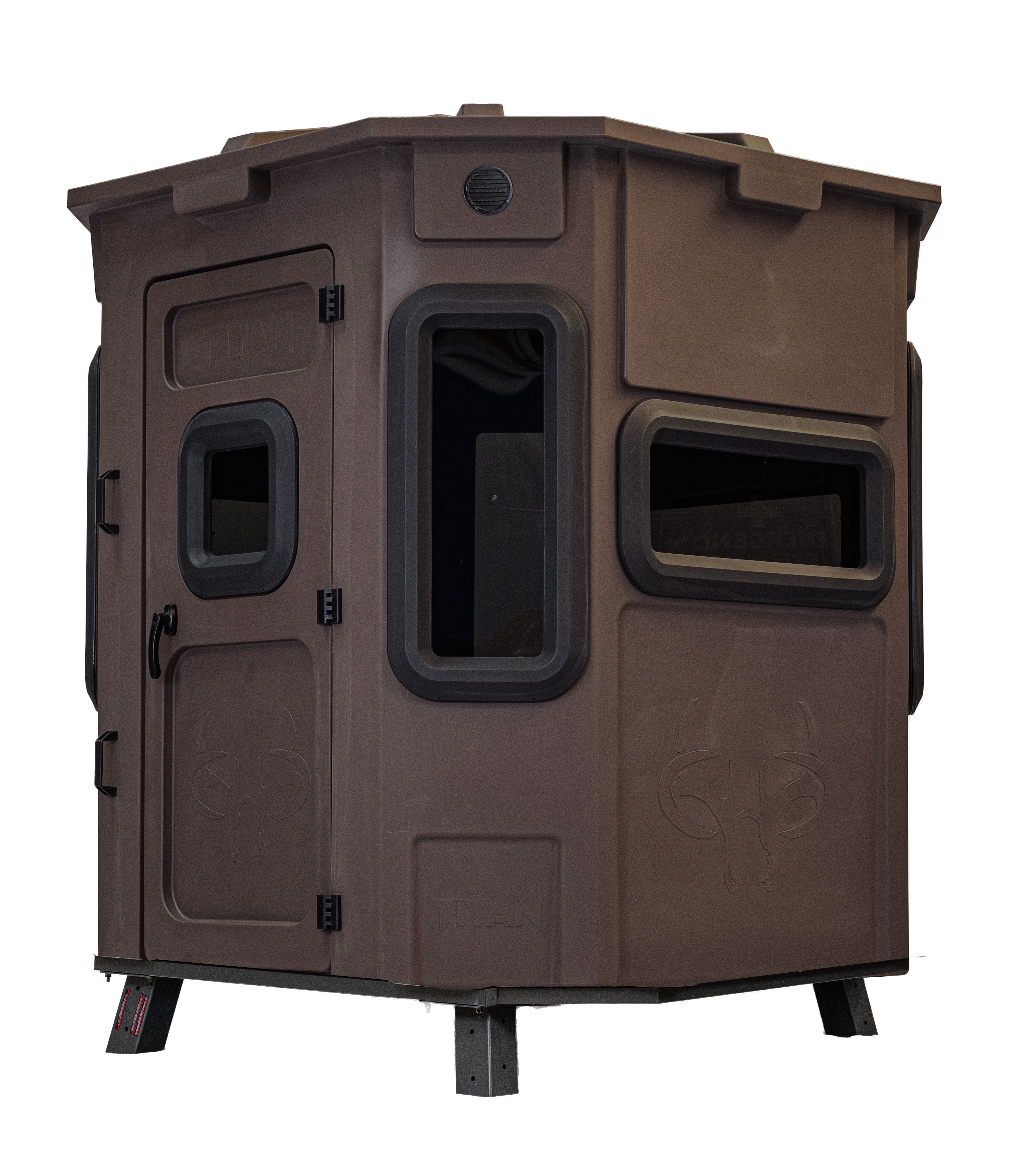 Titan Pro Archery & Rifle Combo Blind in tree-trunk brown, set up on a metal blind base