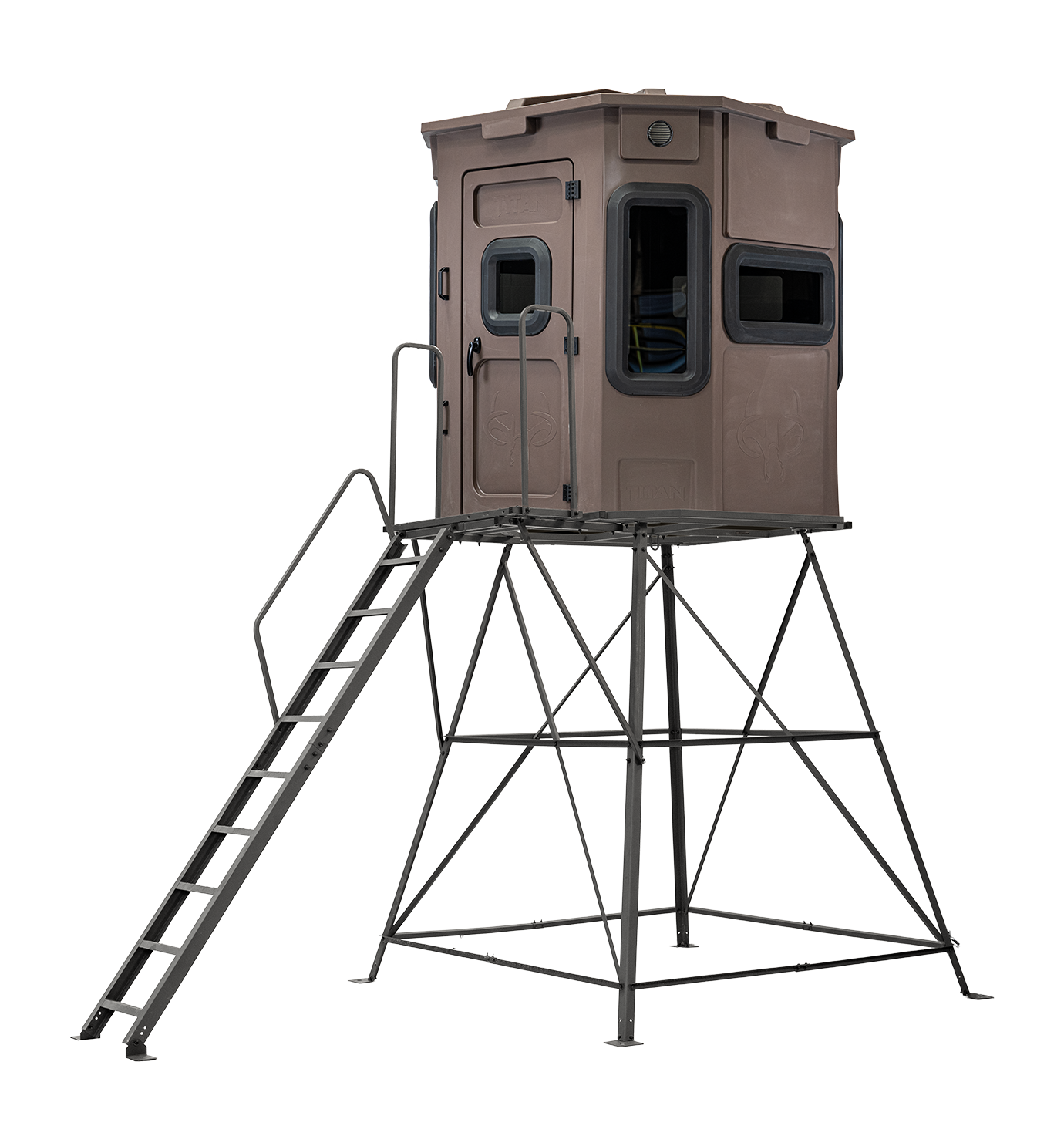 Titan Pro Archery & Rifle Combo Blind in tree-trunk brown, mounted on a 8ft tower with ladder