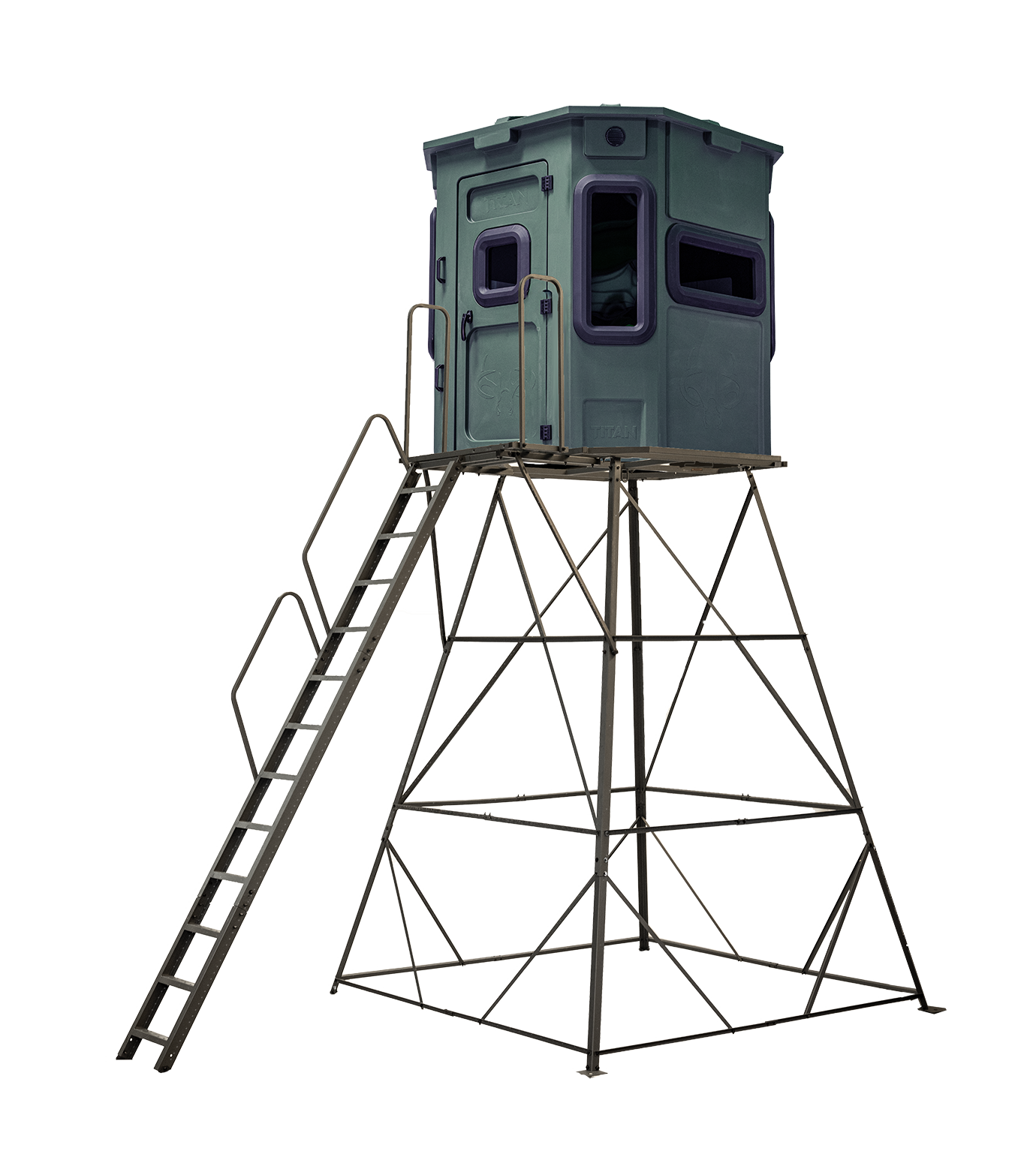 Titan Pro Archery & Rifle Combo Blind in forest green, mounted on a 12ft tower with ladder