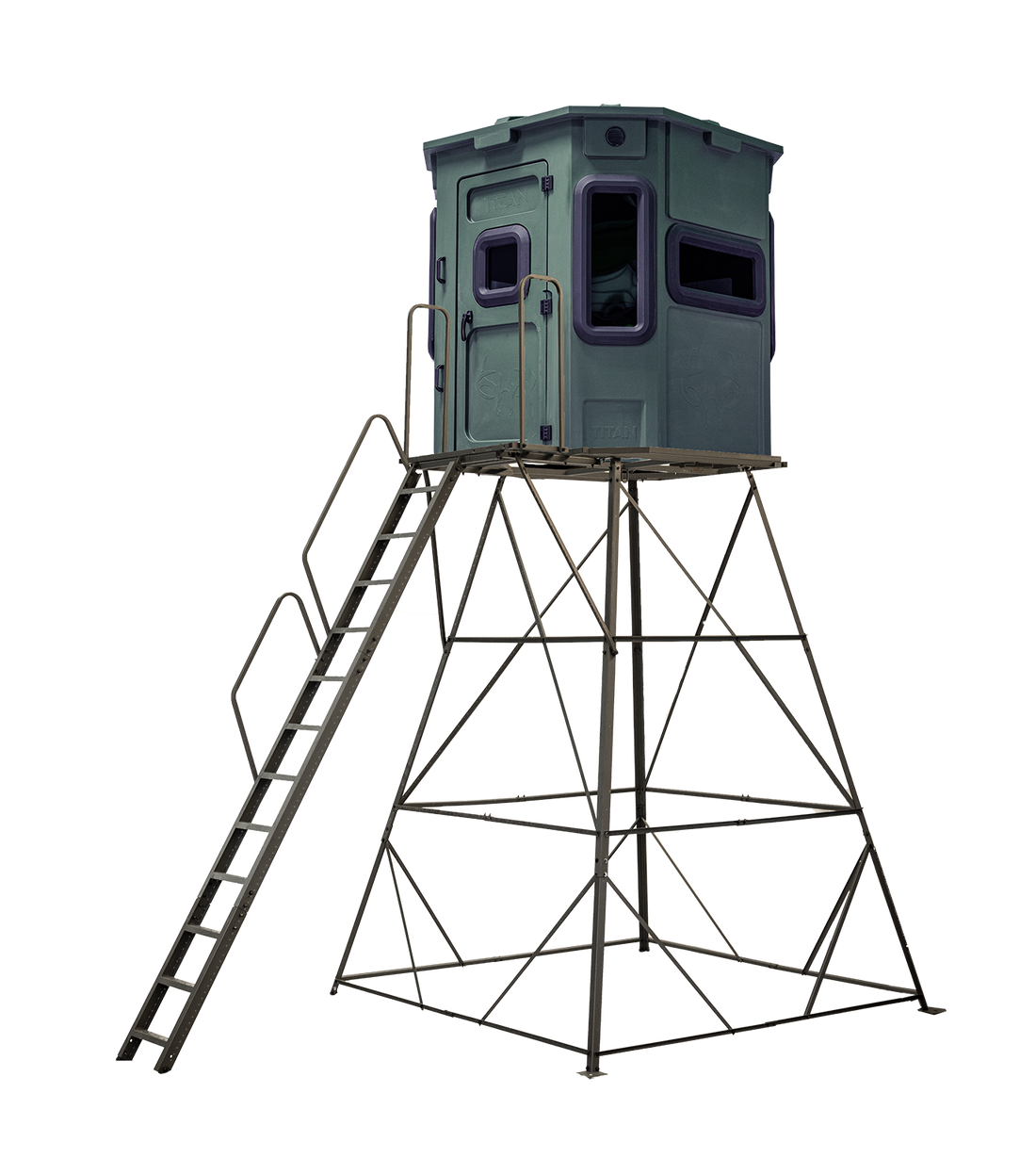 Titan Pro Archery & Rifle Combo Blind in forest green, mounted on a 12ft tower with ladder