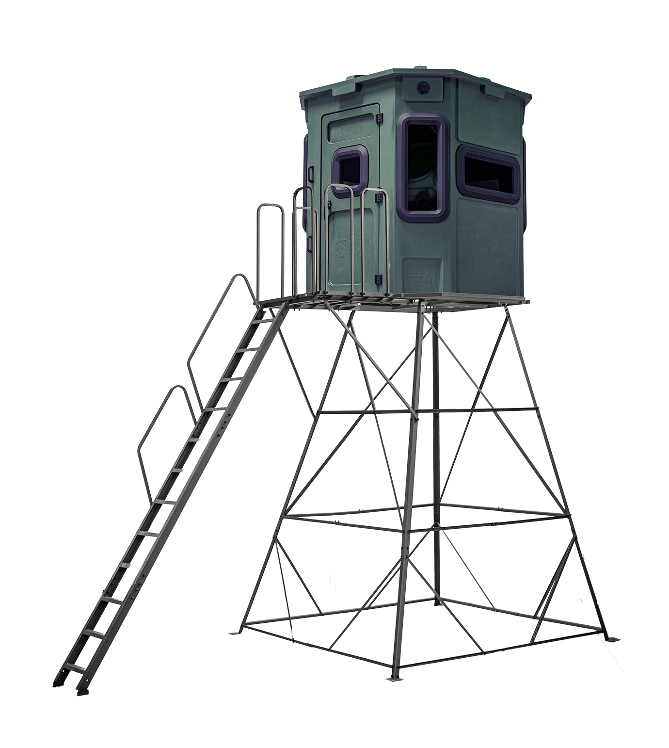 Titan Pro Archery & Rifle Combo Blind in forest green, mounted on a 12ft tower with ladder and extension