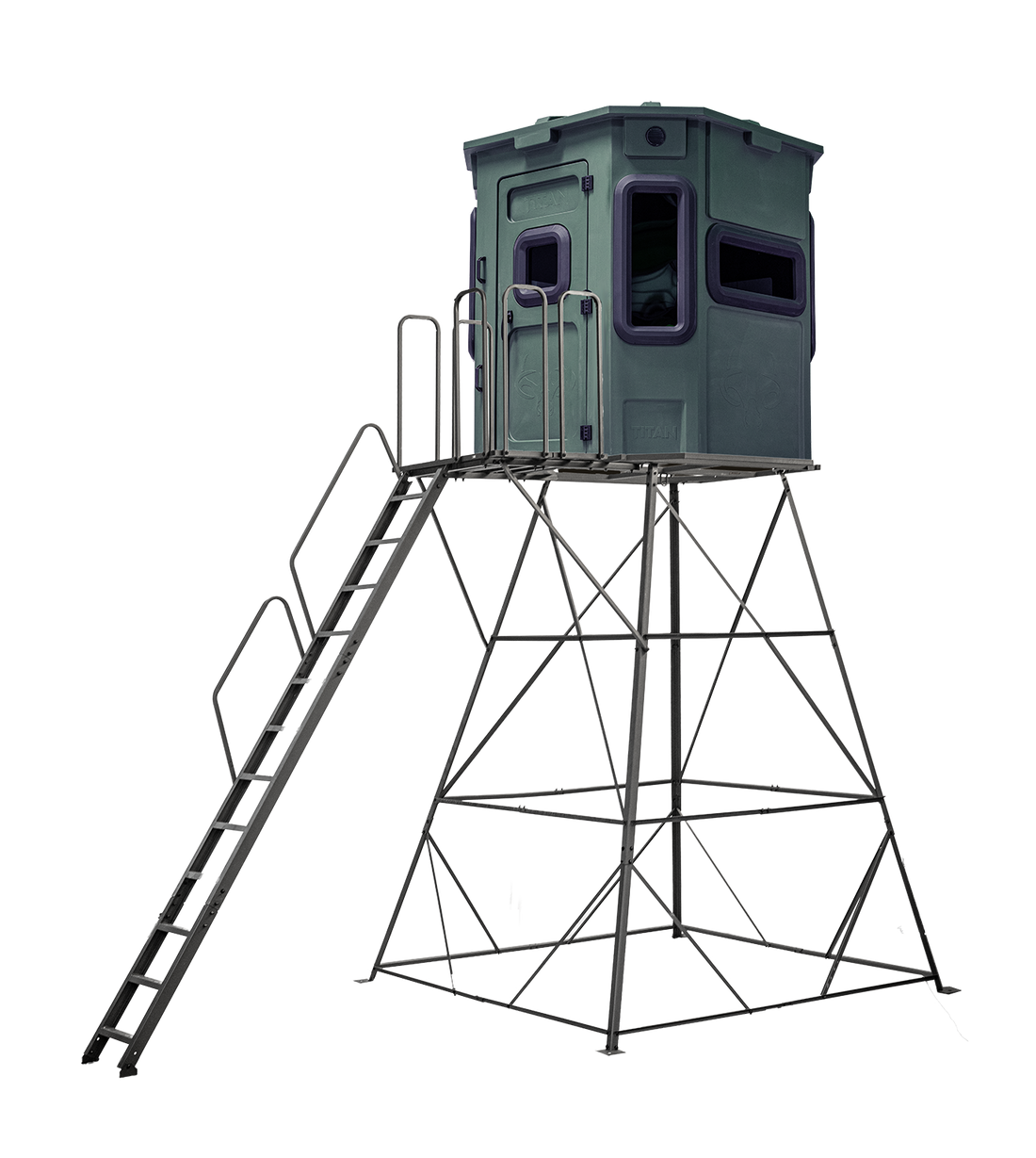 Titan Pro Archery & Rifle Combo Blind in forest green, mounted on a 12ft tower with ladder and extension
