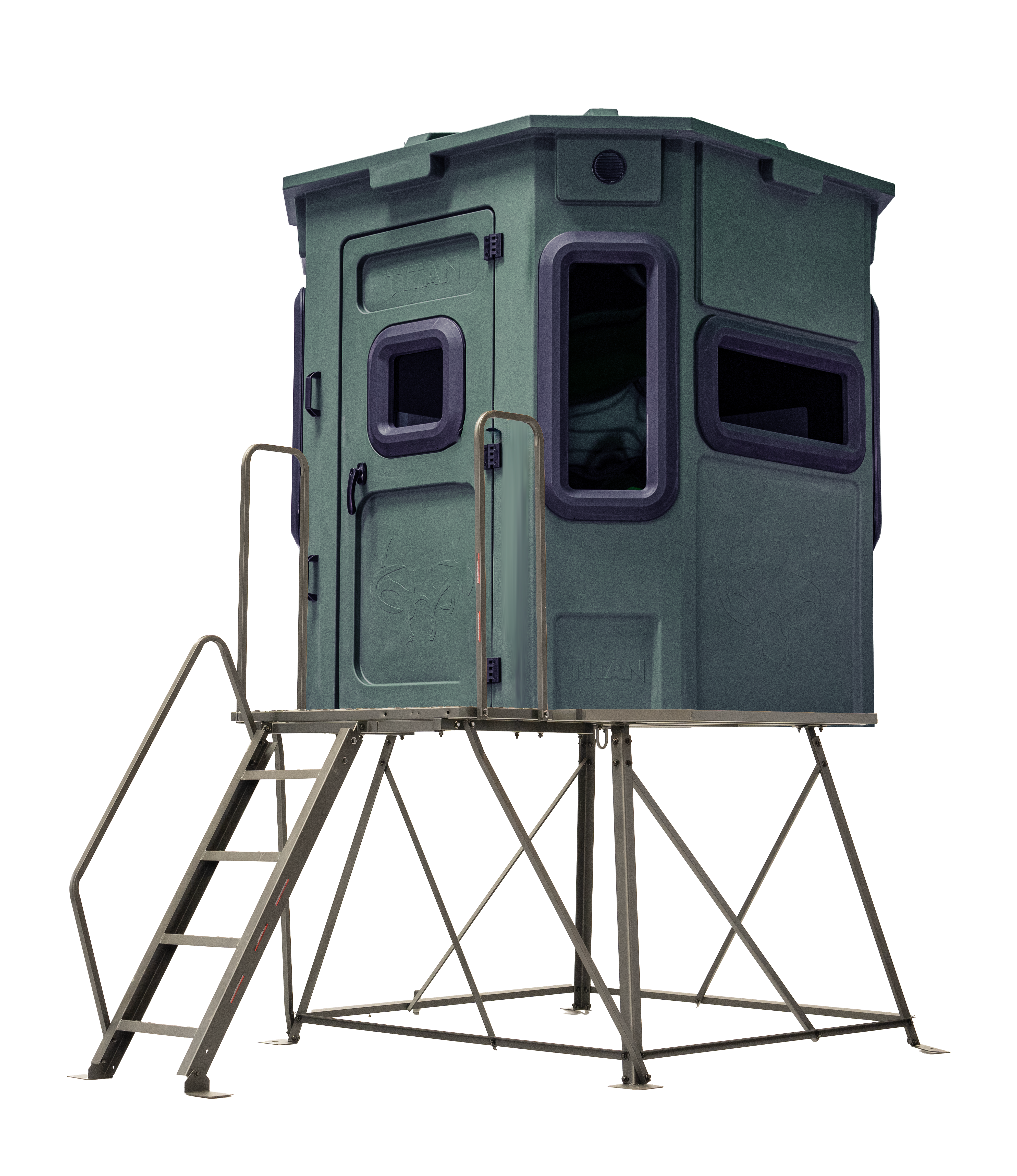 Titan Pro Archery & Rifle Combo Blind in forest green, mounted on a 4ft tower with ladder
