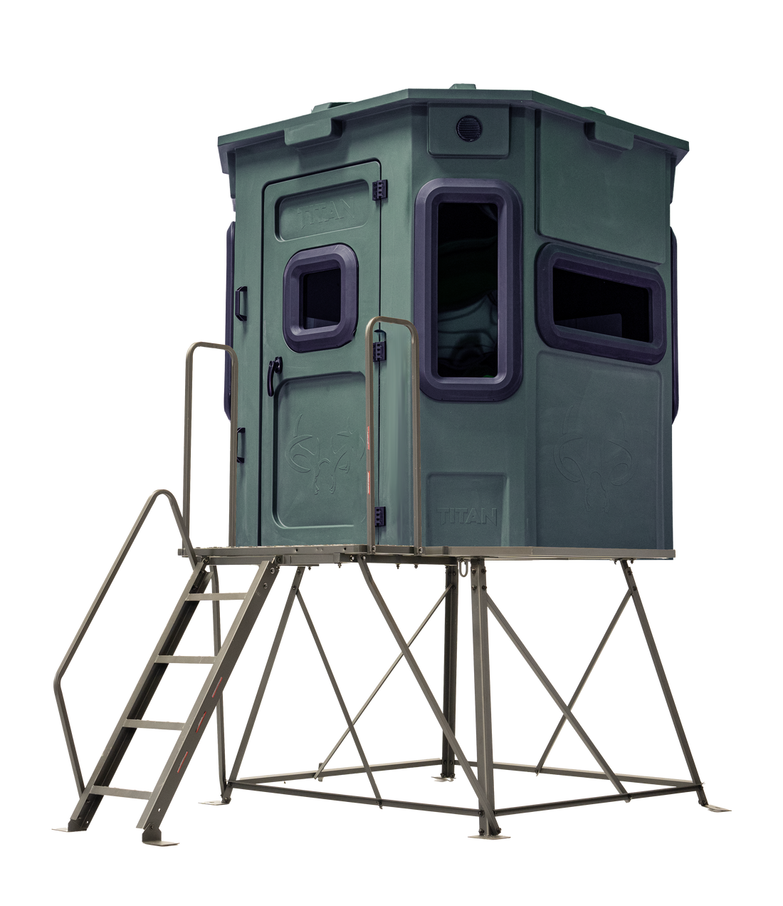 Titan Pro Archery & Rifle Combo Blind in forest green, mounted on a 4ft tower with ladder