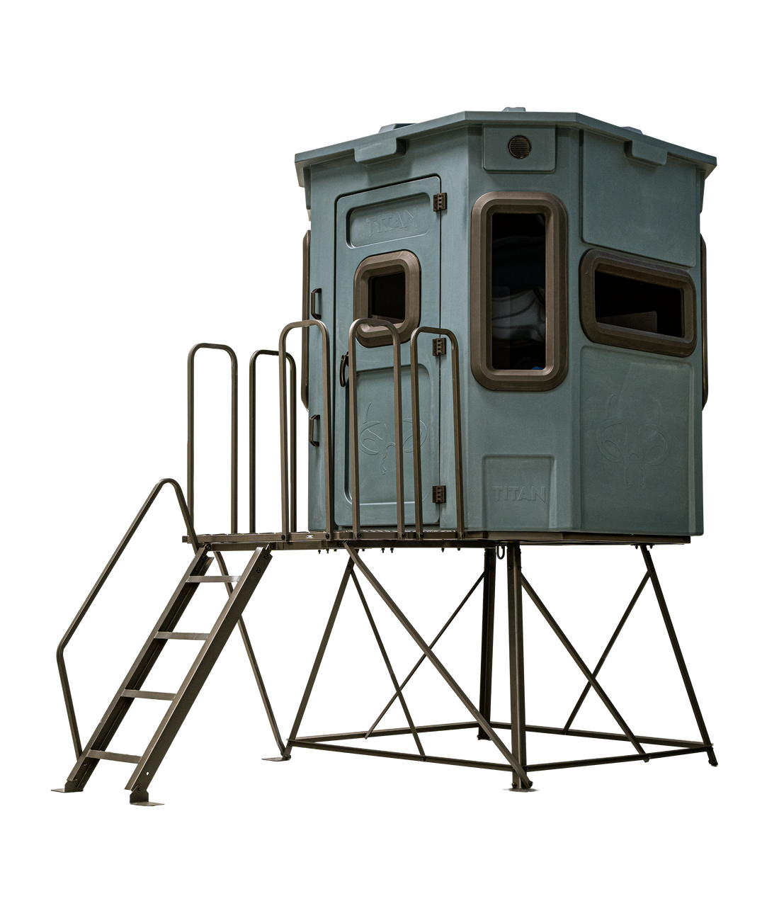 Titan Pro Archery & Rifle Combo Blind in forest green, mounted on a 4ft tower with ladder and extension