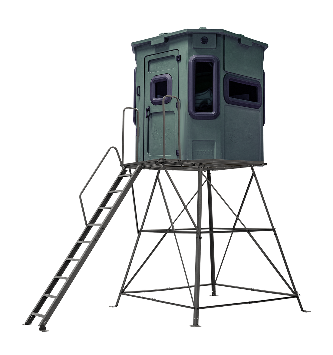 Titan Pro Archery & Rifle Combo Blind in forest green, mounted on a 8ft tower with ladder