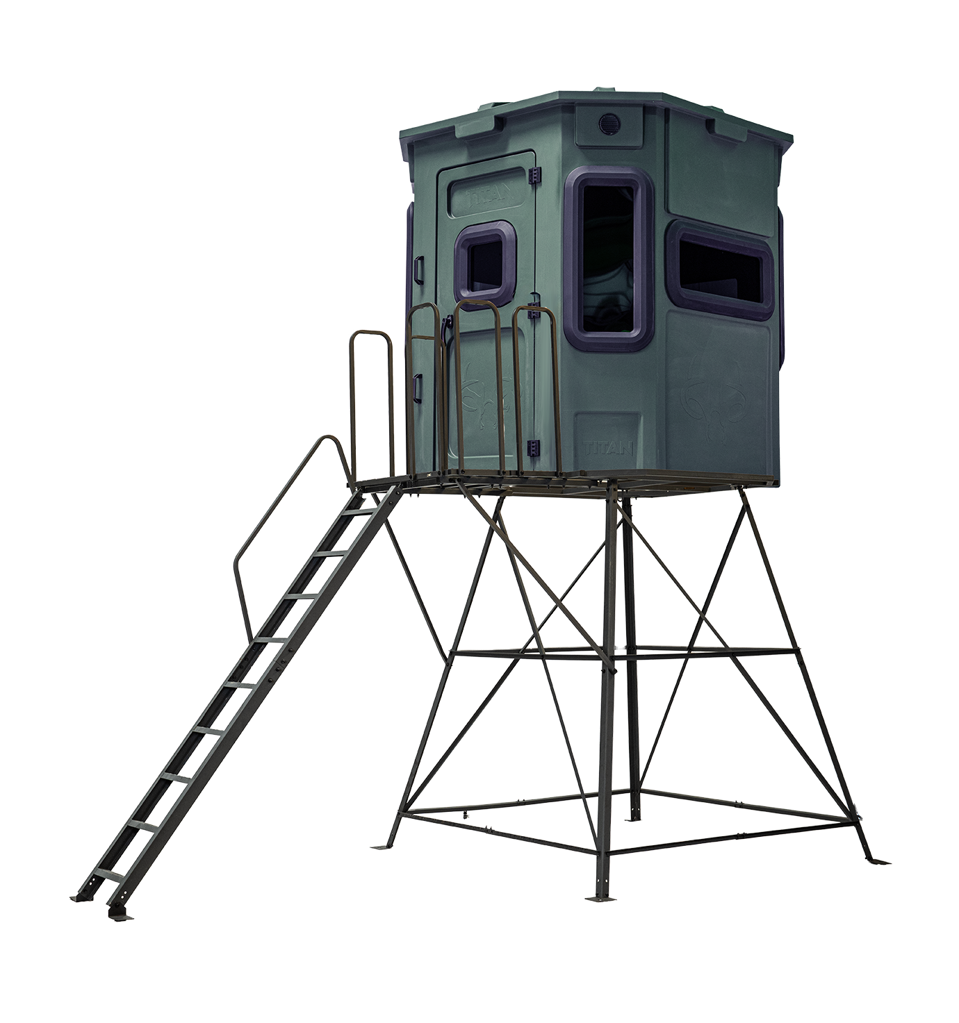 Titan Pro Archery & Rifle Combo Blind in forest green, mounted on a 8ft tower with ladder and extension