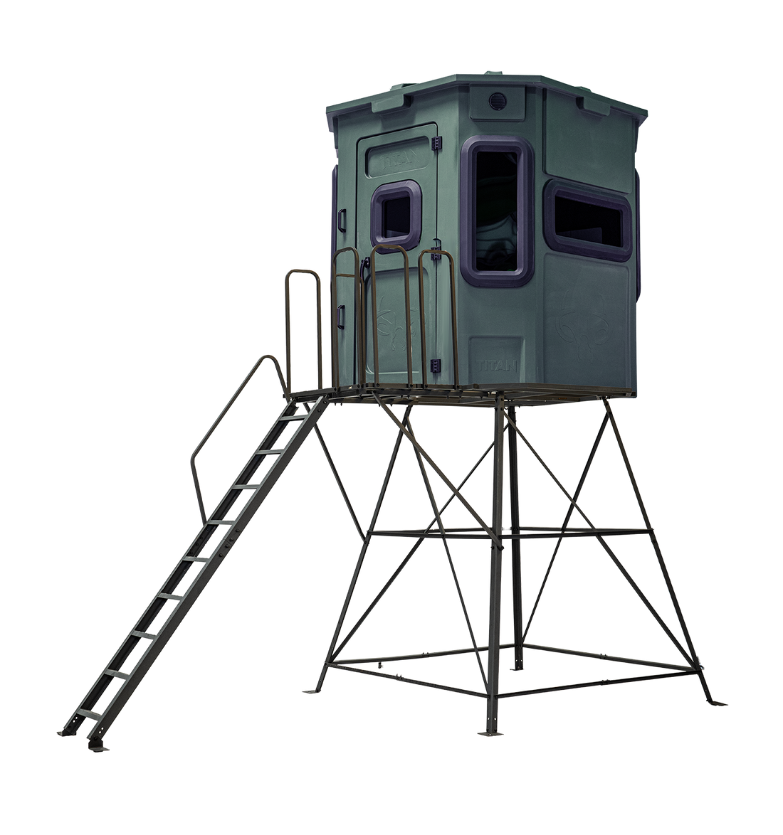Titan Pro Archery & Rifle Combo Blind in forest green, mounted on a 8ft tower with ladder and extension