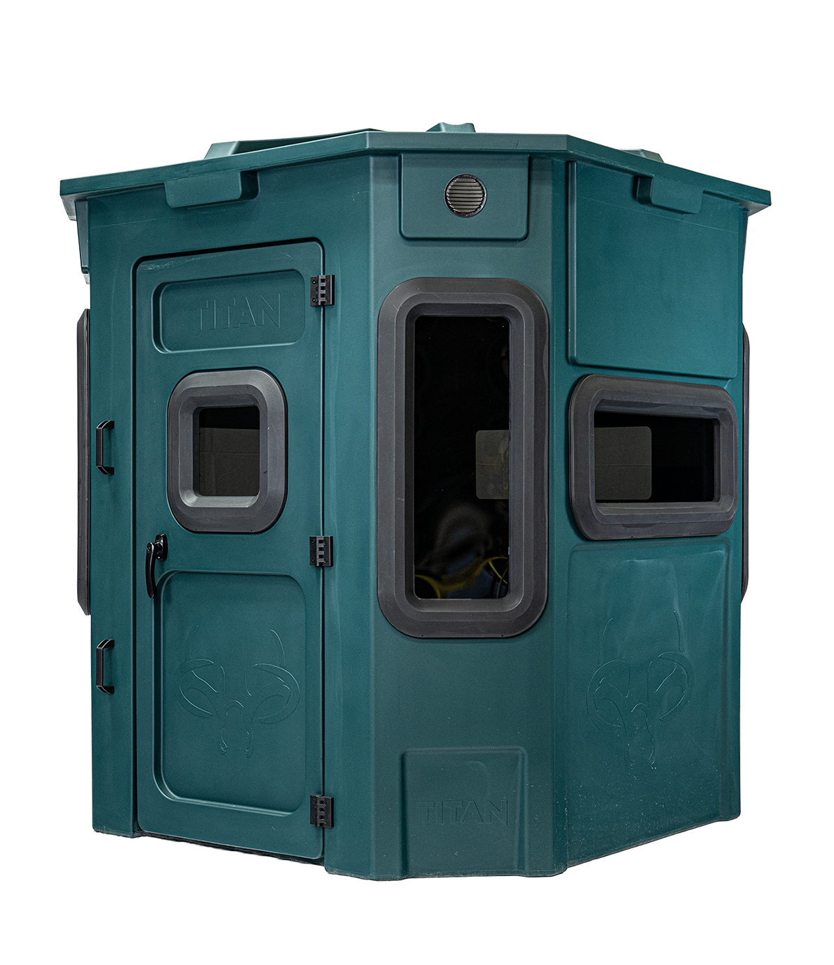 Titan Pro Archery & Rifle Combo Blind in forest green, front view, ground level