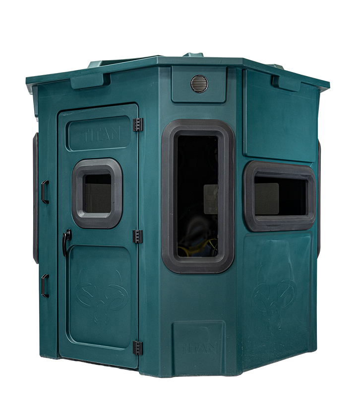 Titan Pro Archery & Rifle Combo Blind in forest green, front view, ground level