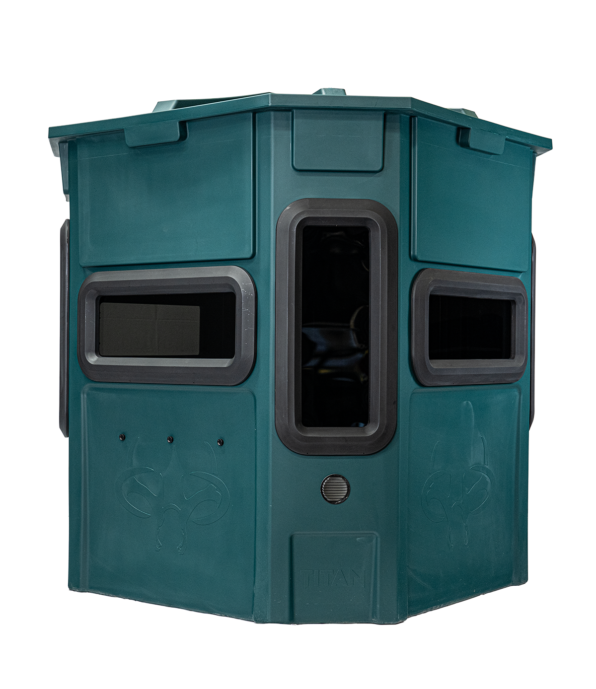Titan Pro Archery & Rifle Combo Blind in forest green, rear view, ground level
